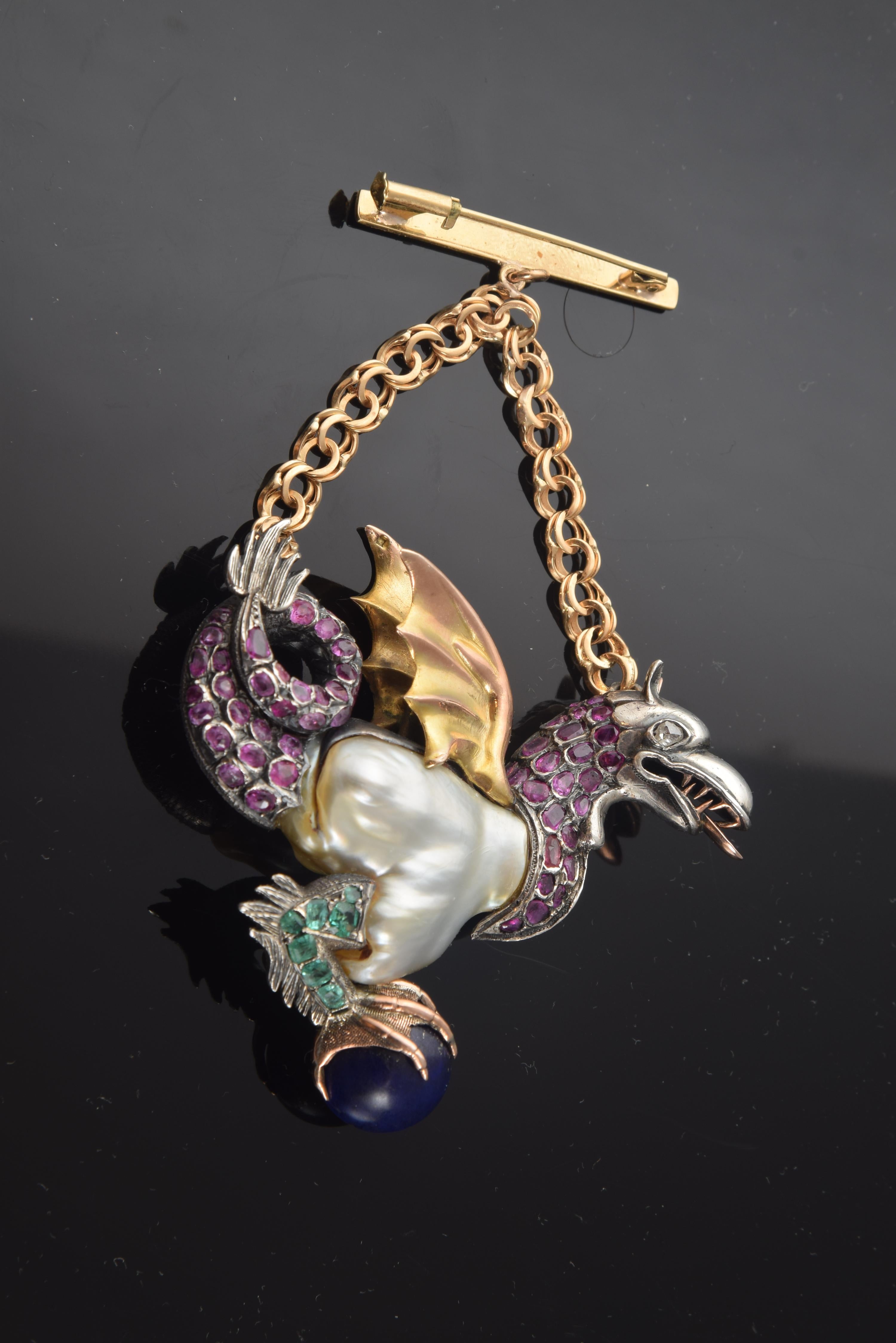 Other Dragon Pendant, Rubies, Emeralds, Baroque Pearl, Silver