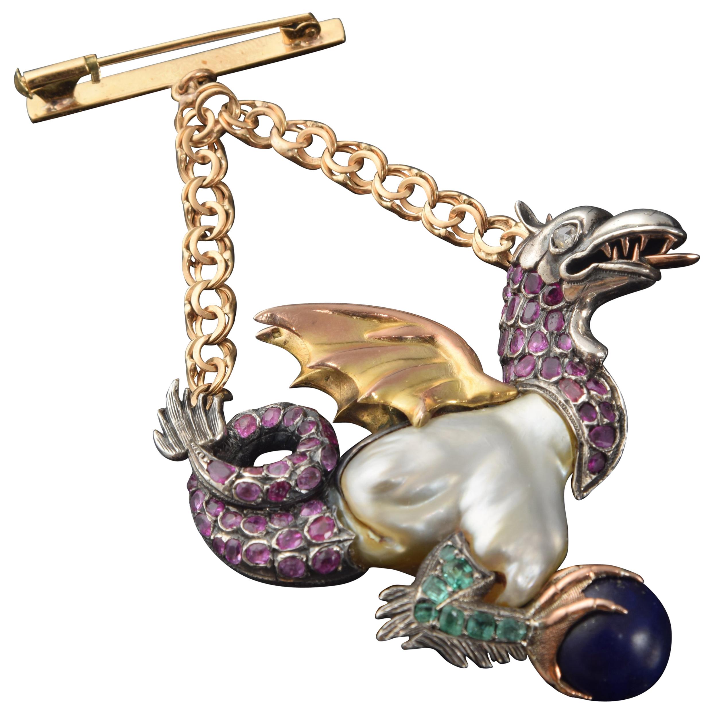 Dragon Pendant, Rubies, Emeralds, Baroque Pearl, Silver