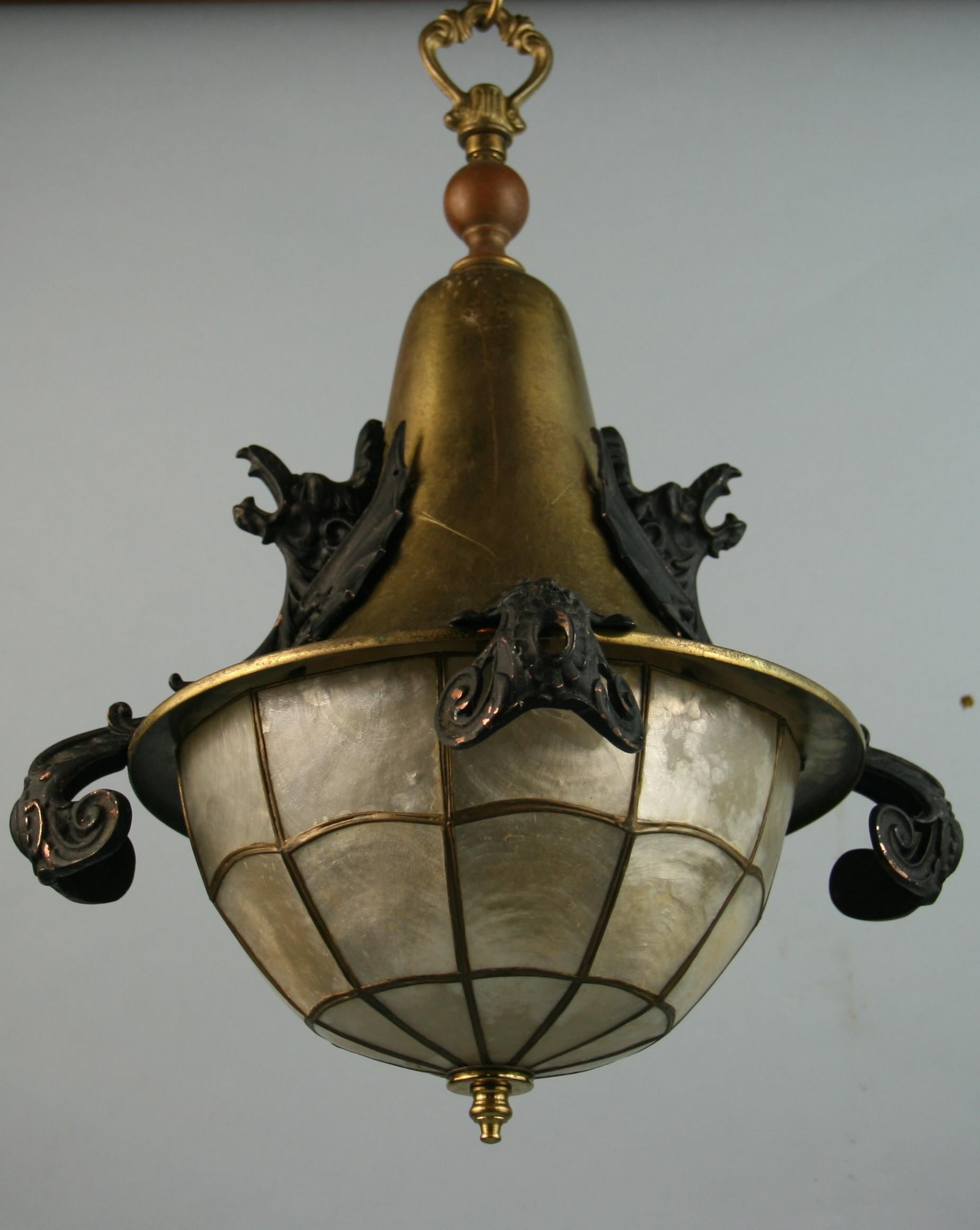 Copper Dragon Pendant /Lantern with Capiz Shell Shade For Sale