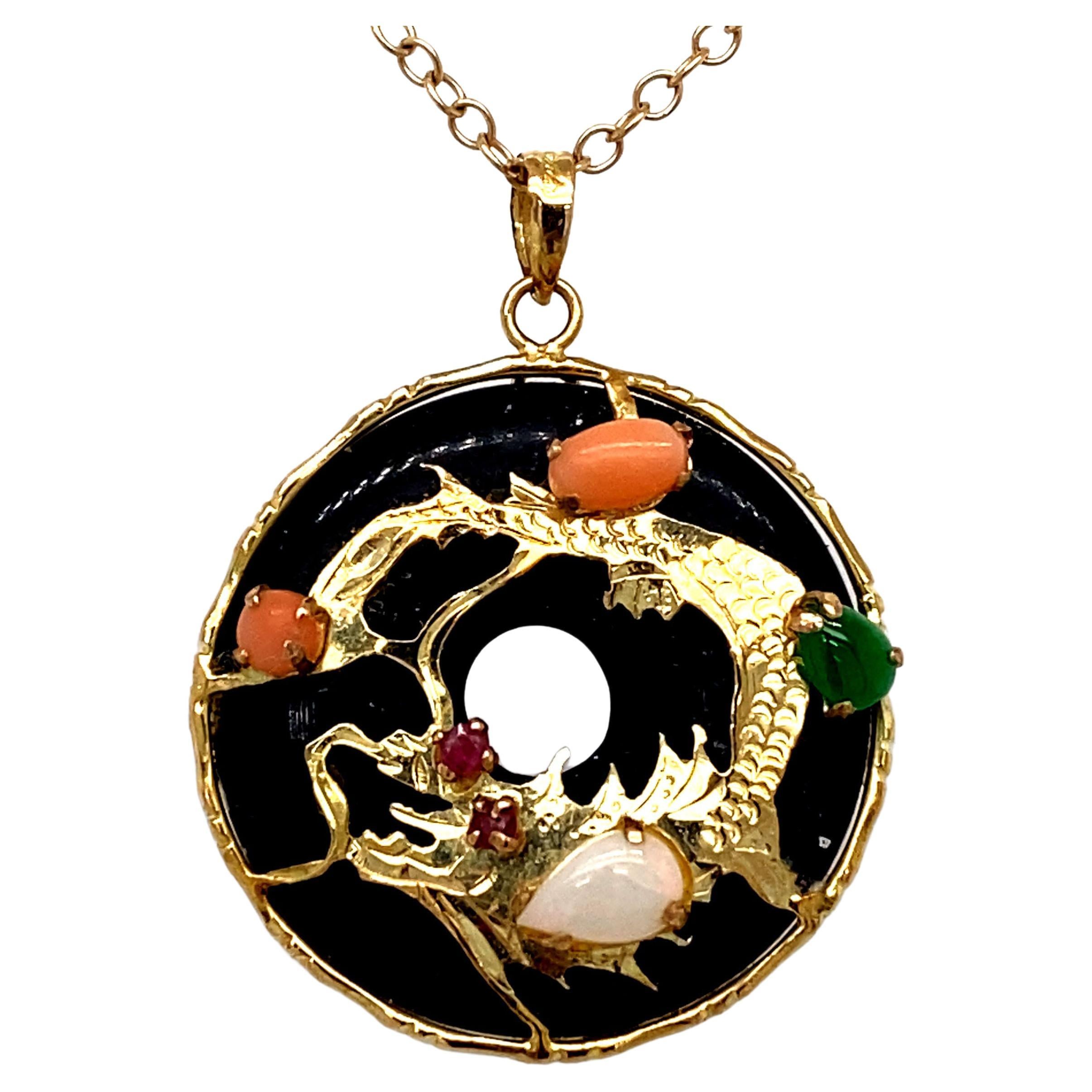Dragon Pendant with Coral, Ruby, Opal and Jade in 14 Karat Gold