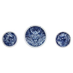 Dragon Plates 3er-Set handgemachter Teller aus der Kollektion Royal Blue Tattoo
