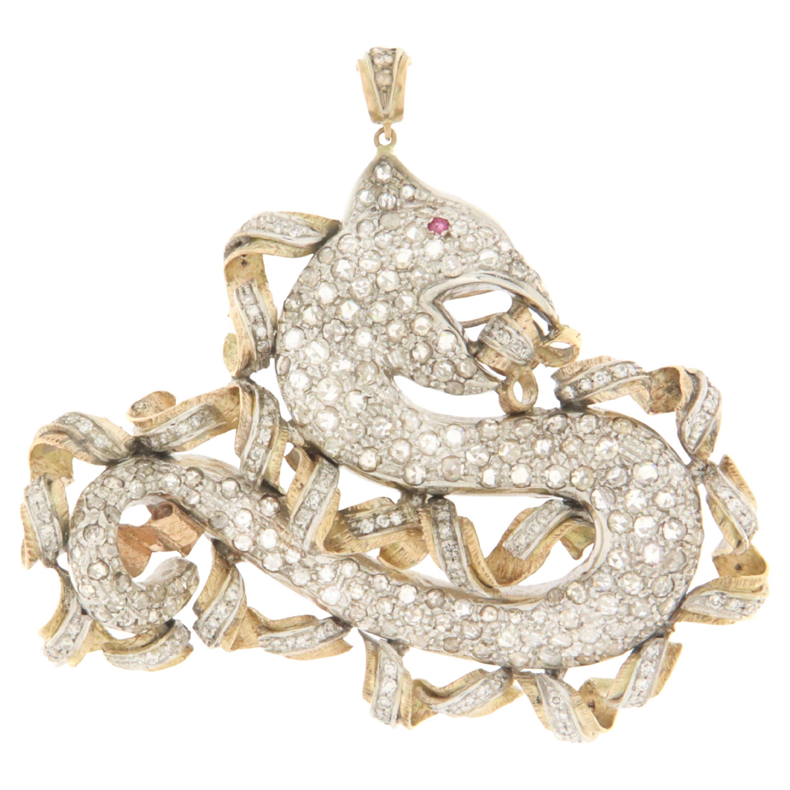 Dragon Rose Cut Diamonds Ruby 14 Karat Yellow And White Gold Pendant Necklace