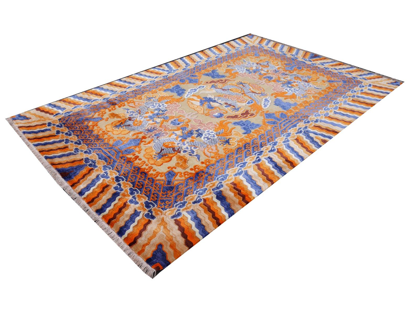 Tapis Kansu chinois ancien en laine et soie avec 5 dragons à griffes en vente 12