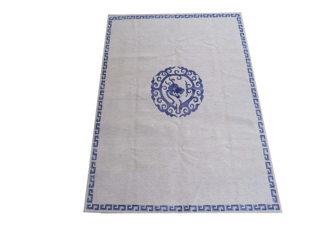 Dragon Rug Wool Silk Chinese Style Carpet Blue Beige, Djoharian Design For Sale 3
