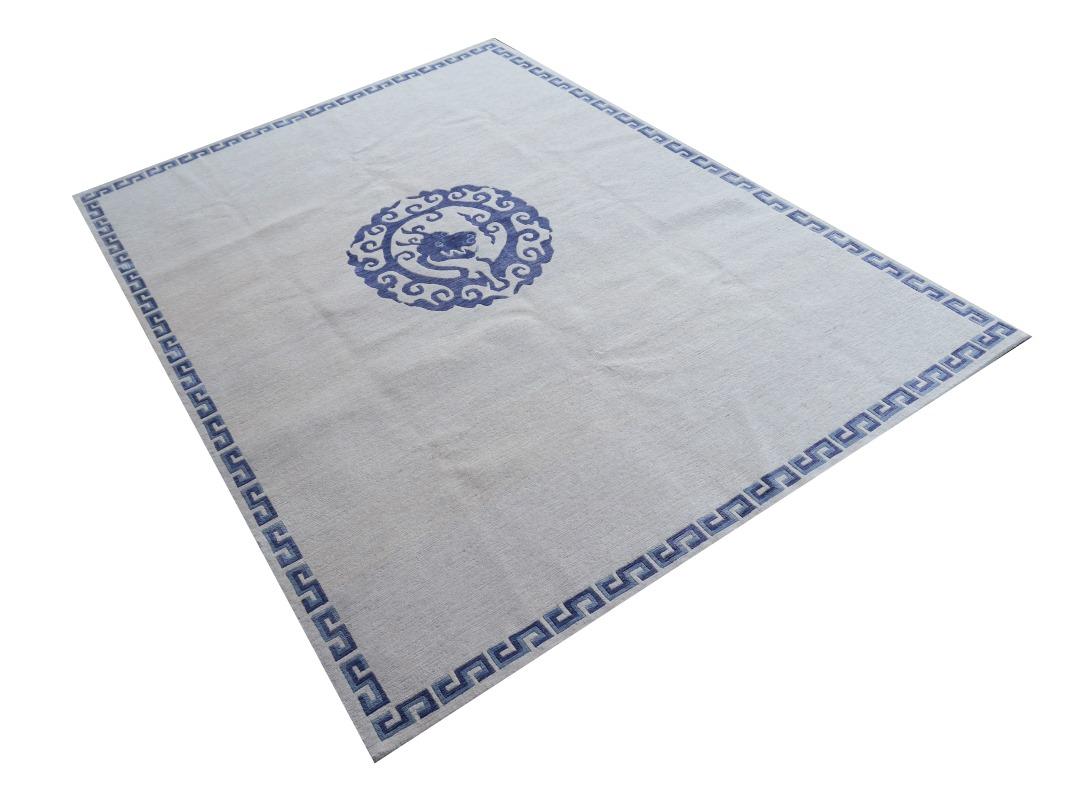 Dragon Rug Wool Silk Chinese Style Carpet Blue Beige, Djoharian Design For Sale 4