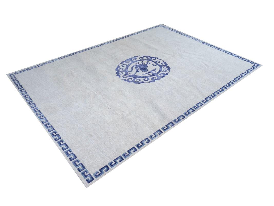Chinese Export Dragon Rug Wool Silk Chinese Style Carpet Blue Beige, Djoharian Design For Sale