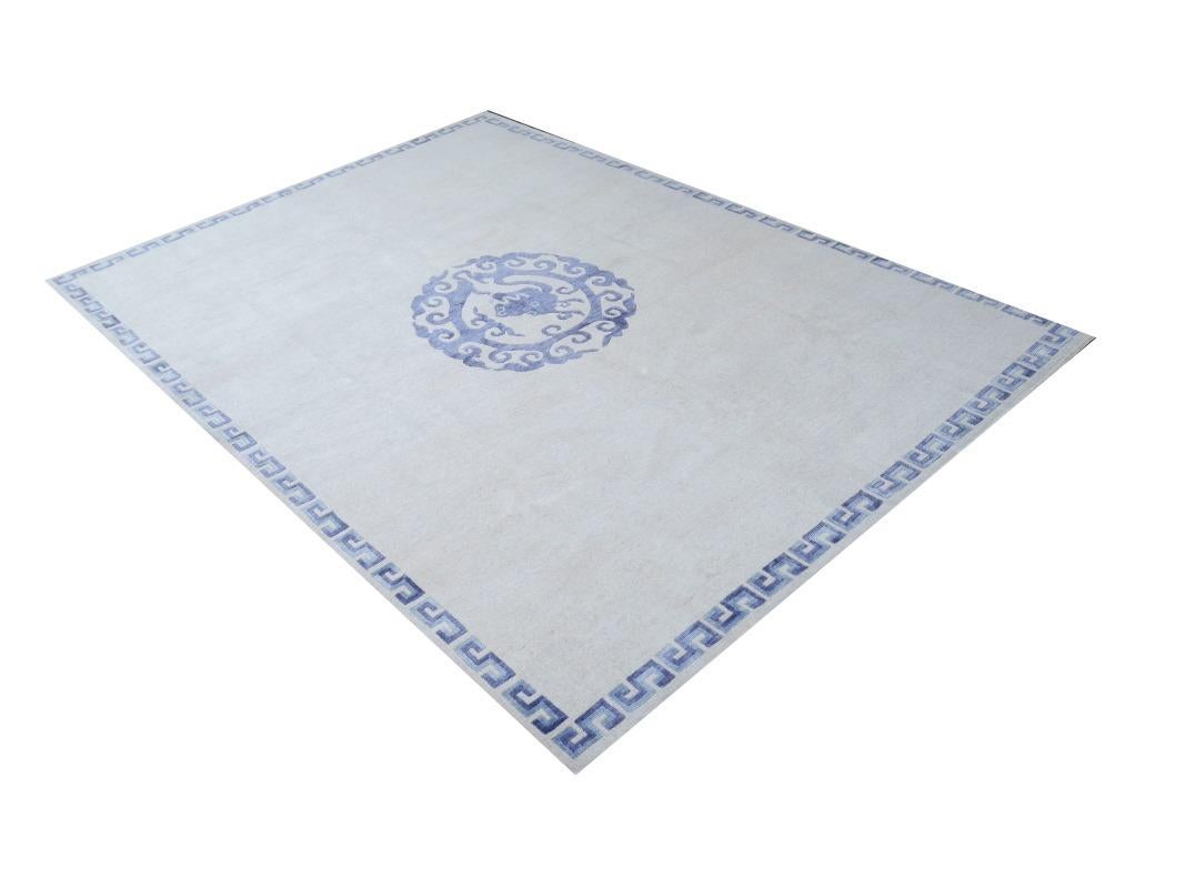 Dragon Rug Wool Silk Chinese Style Carpet Blue Beige, Djoharian Design In New Condition For Sale In Lohr, Bavaria, DE