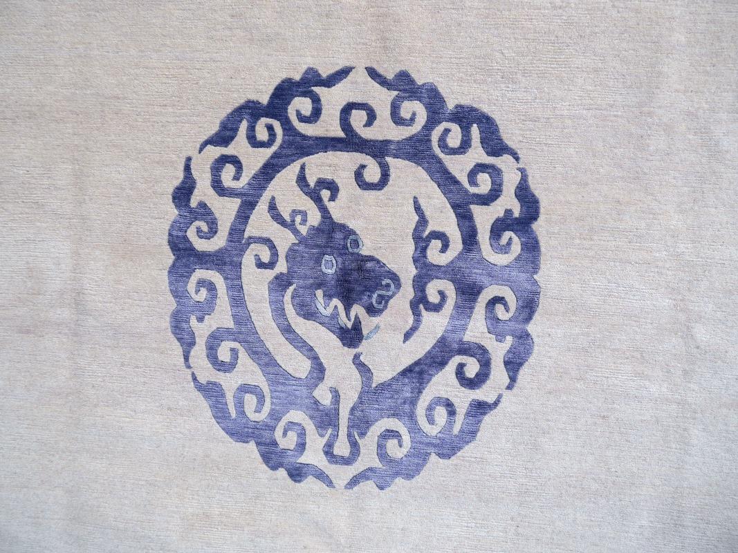 Dragon Rug Wool Silk Chinese Style Carpet Blue Beige, Djoharian Design For Sale 2