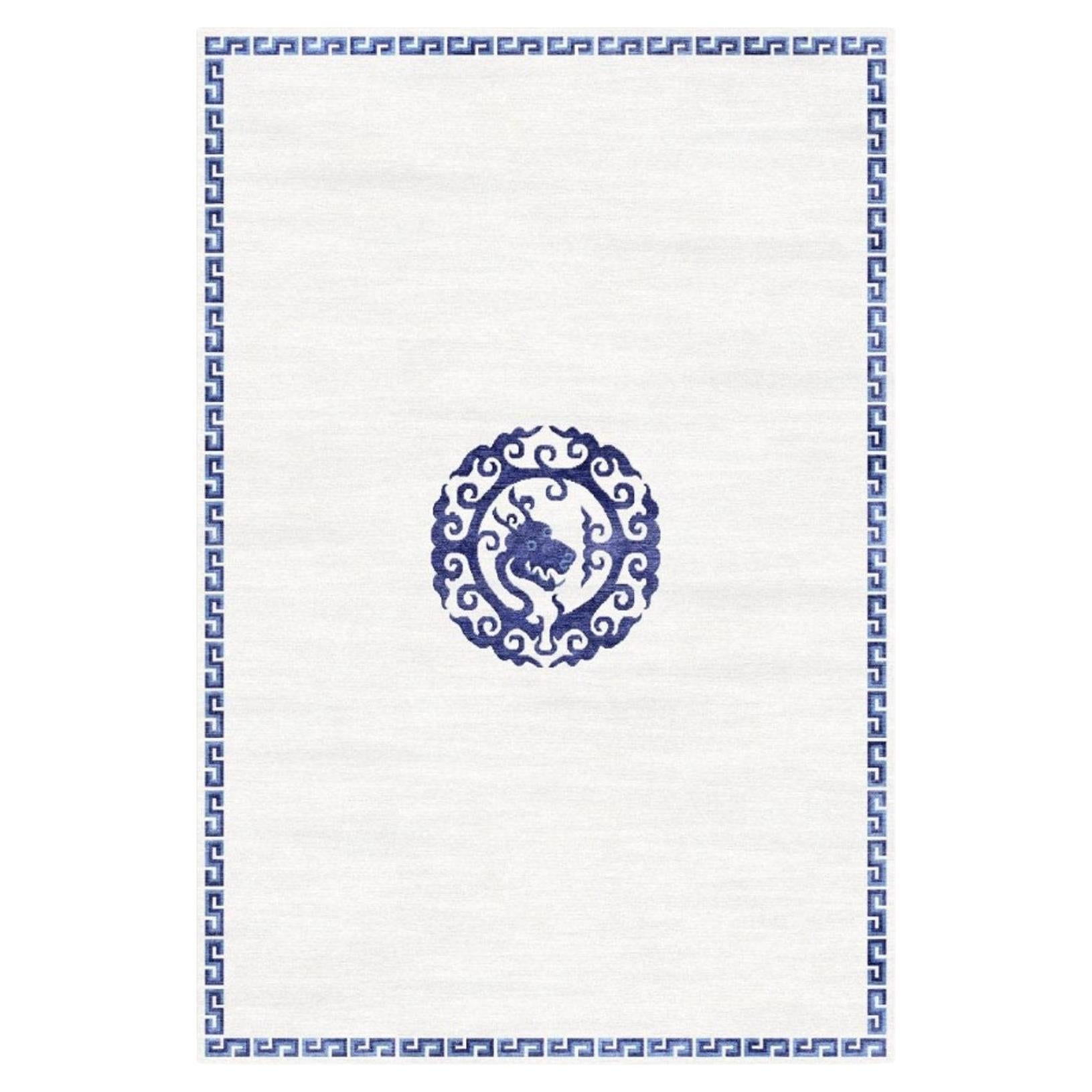 Dragon Teppich aus Wolle und Seide im chinesischen Stil in Blau und Beige, Djoharian-Design im Angebot