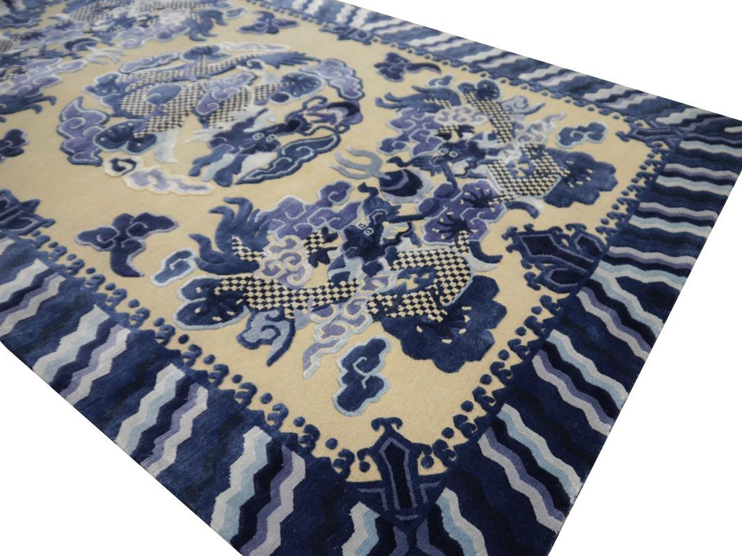 Nepalese Dragon Rug Wool Silk Style Chinese Imperial Carpet Blue Beige, Djoharian Design For Sale