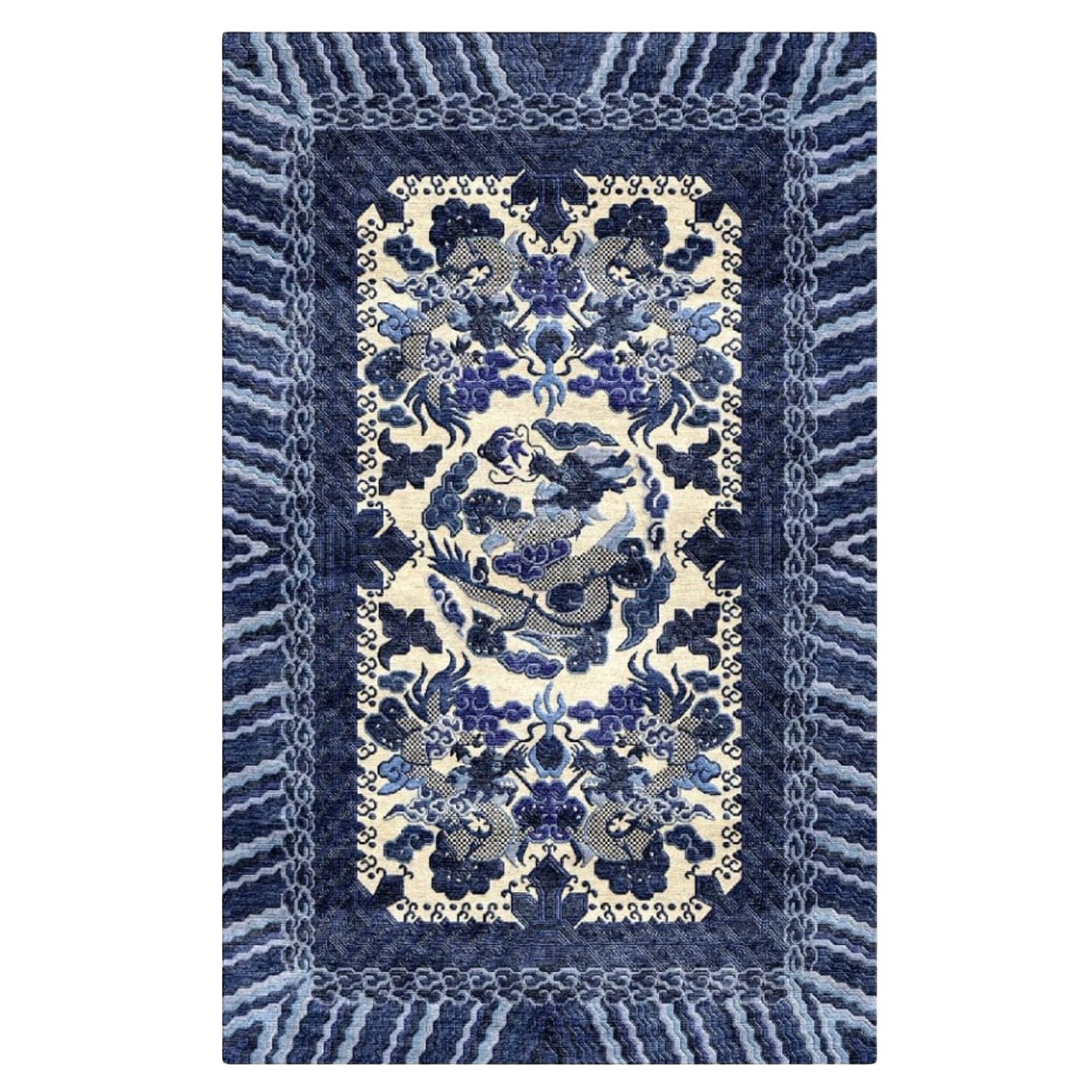 Dragon Rug Wool Silk Style Chinese Imperial Carpet Blue Beige, Djoharian Design For Sale