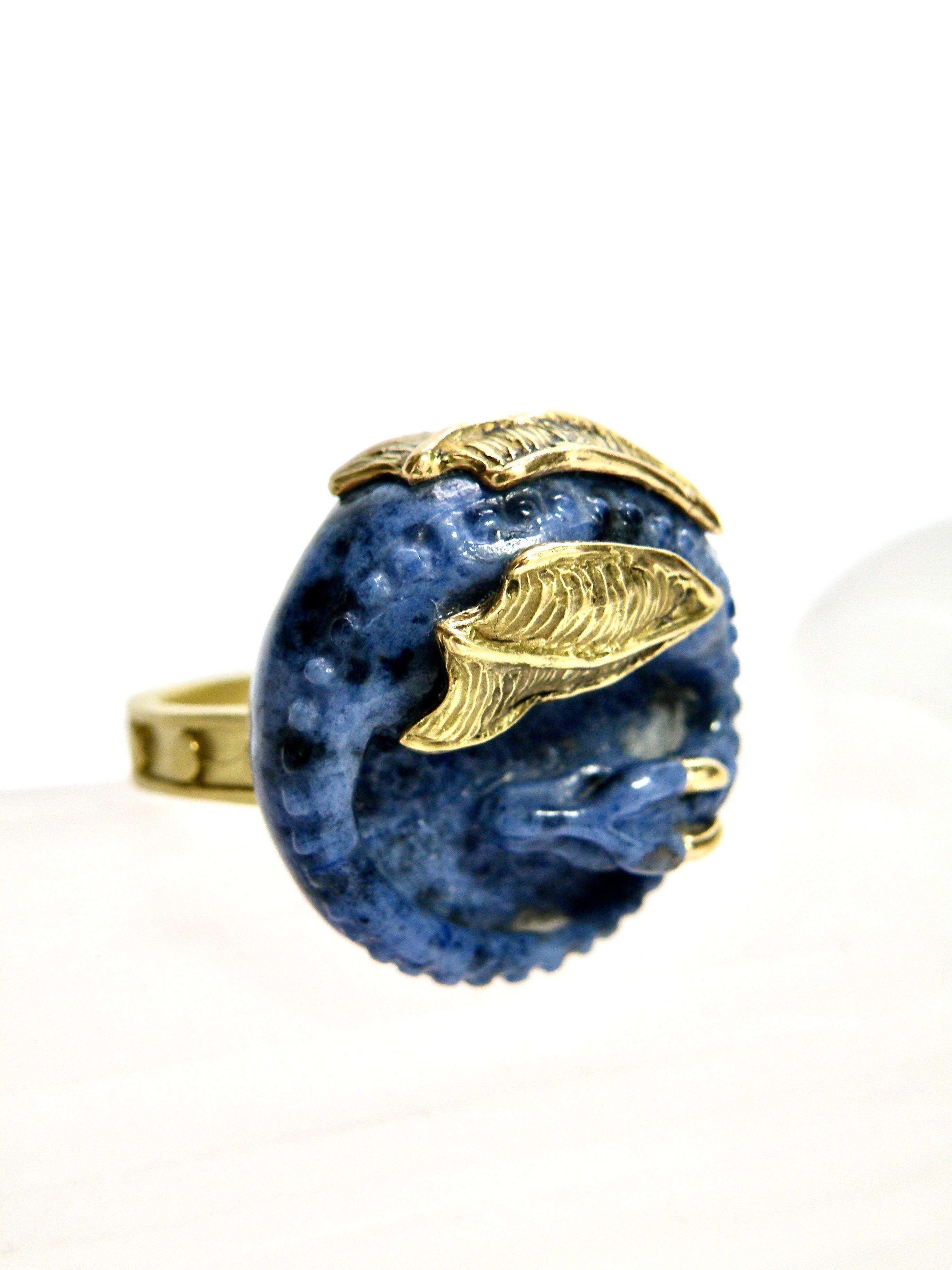 18k gold claw and wing  mysterious rare blue stone dragon ring hand carved by master carver in idar oberstein this ancient prayer ring is size 8 and can be made in different size stone is 28mm