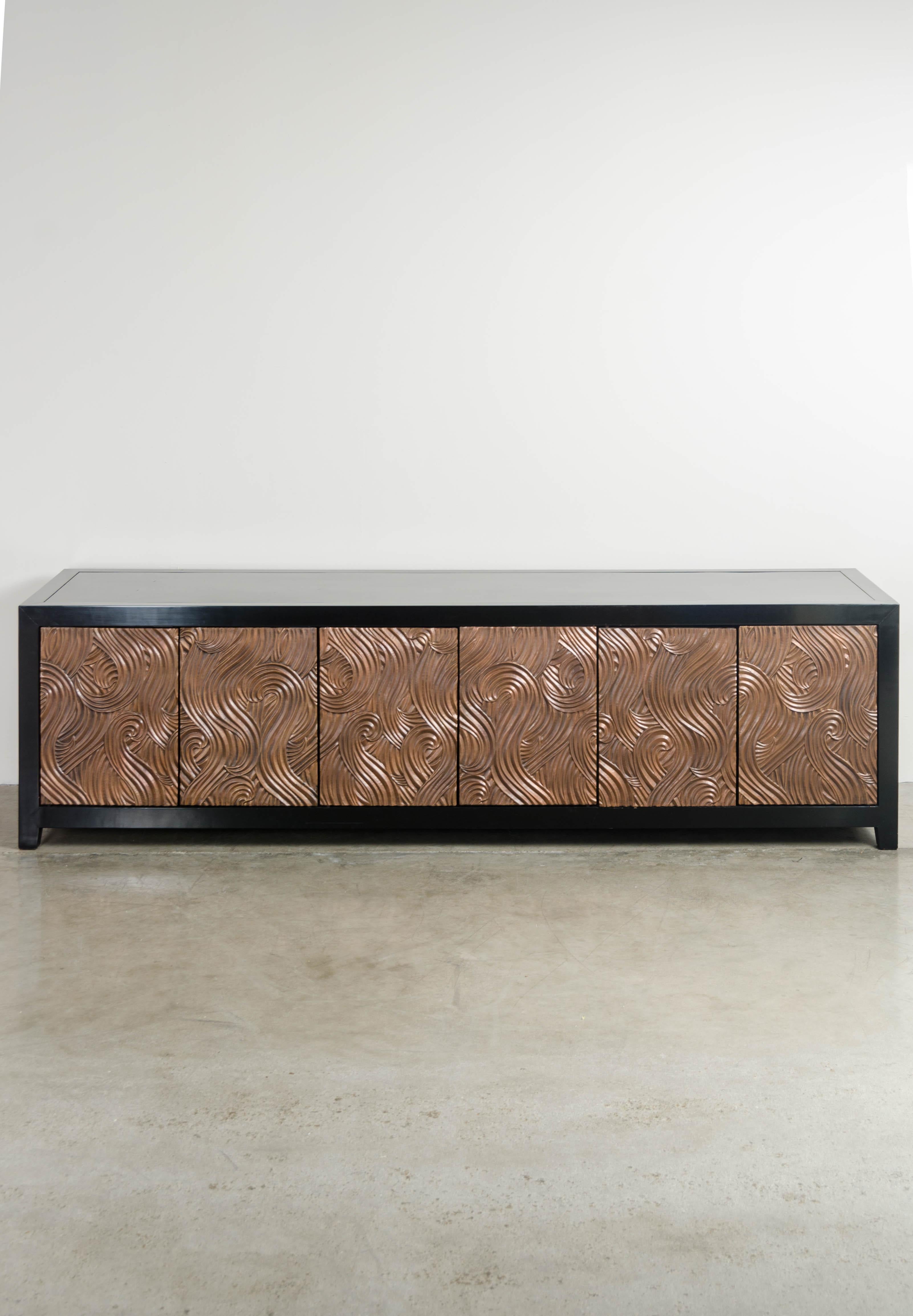 Dragon Swirl 6 Doors Media Cabinet by Robert Kuo, Hand Repousse, Limited Edition In New Condition In Los Angeles, CA