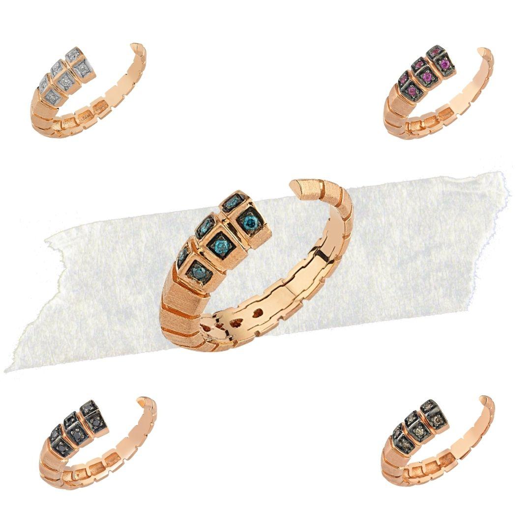 Modern Dragon Tail Open Ring in Rose Gold with Blue Diamond For Sale