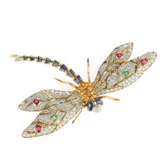 Dragonfly 18 Karat Gold Diamond Sapphire Ruby Emeralds Pin Intini Jewels Brooch