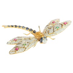 Dragonfly 18 Karat Gold Diamond Sapphire Ruby Emeralds Pin Intini Jewels Brooch