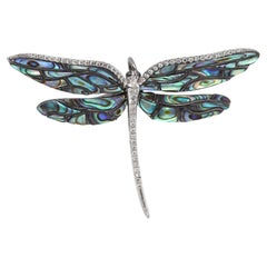 Broche (pendentif) en or blanc 18 carats, nacre d'ormeau et libellule