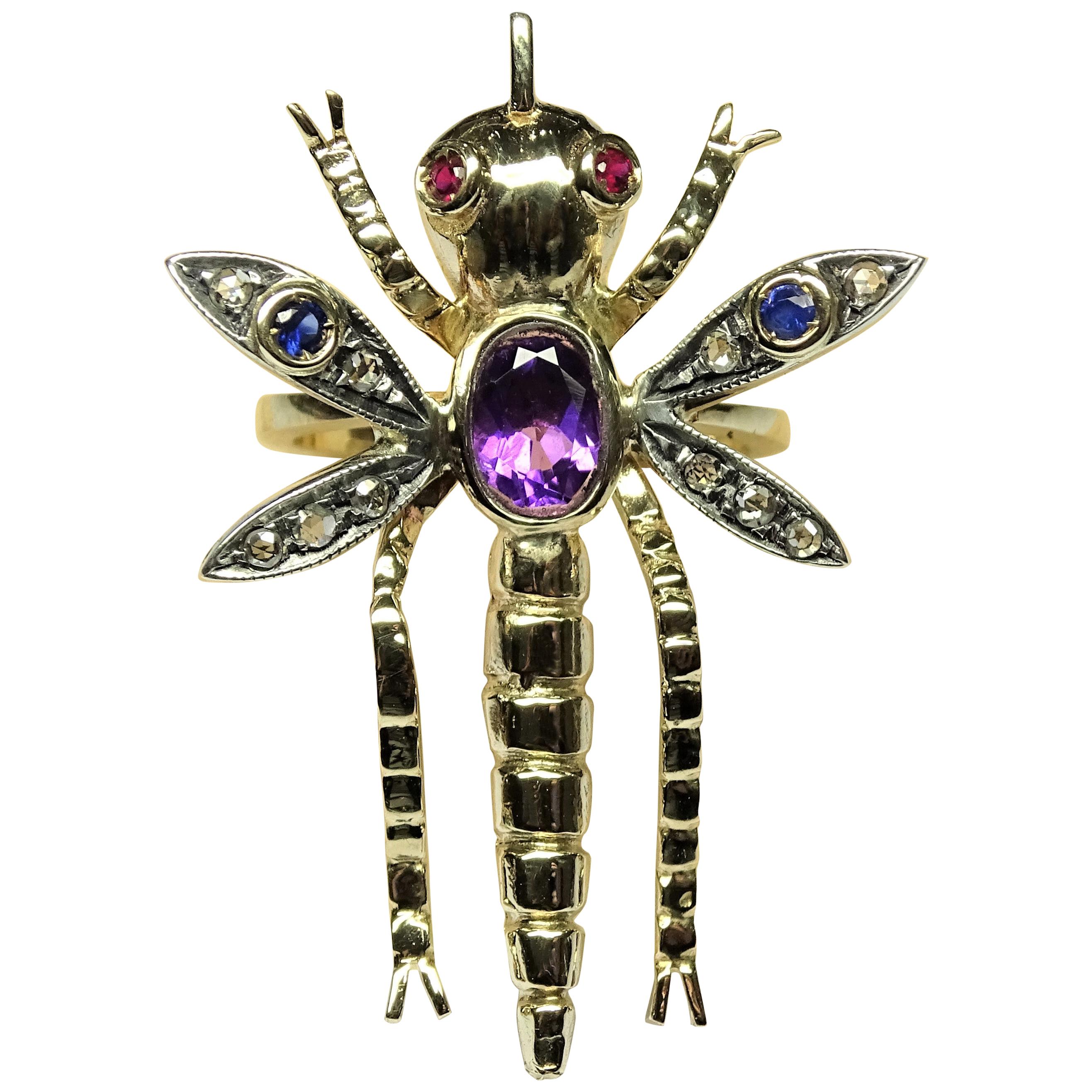 Dragonfly Amethyst Ruby Sapphire Rose Cut Diamonds 14 Karat Yellow Gold Ring For Sale