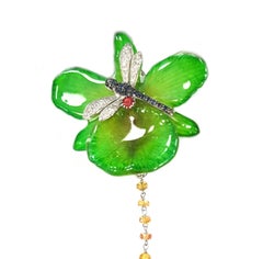 Contemporary 18 Karat Gold Green Orchid Pearl Diamond and Sapphire Drop Earrings
