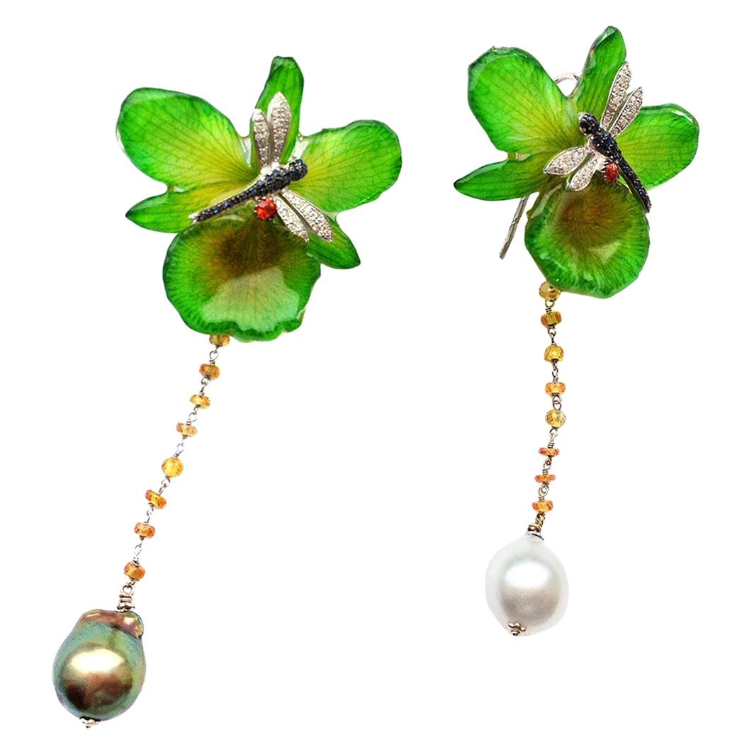 Contemporary 18 Karat Gold Green Orchid Pearl Diamond and Sapphire Drop Earrings