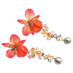 21st Century 18 Karat Gold Pearl Sapphire Diamond and Real Orchid Drop Earrings