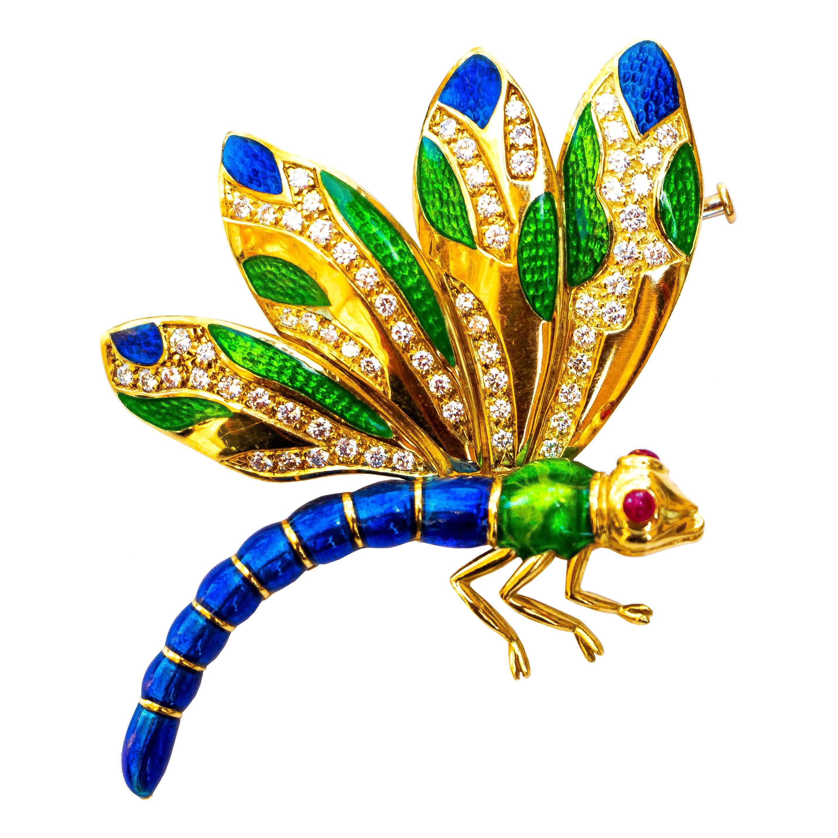 Dragonfly Brooch 1 Carat of Diamonds Enamel Rubies Made in Italy