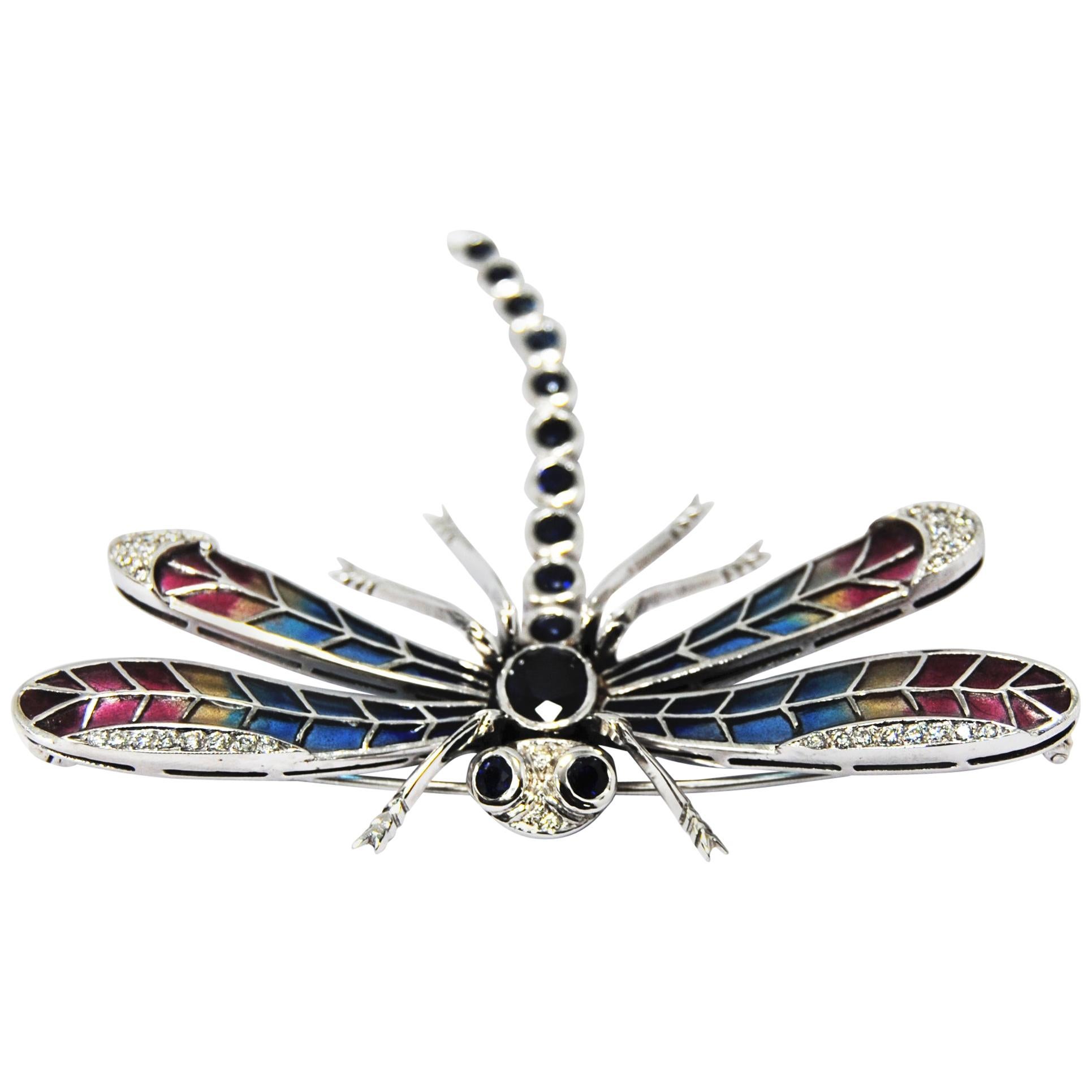 Dragonfly Brooch in 18 Karat Gold Diamonds, Saphires and Plique-á-Jour Wings