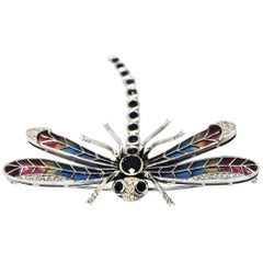 Dragonfly Brooch in 18 Karat Gold Diamonds, Saphires and Plique-á-Jour Wings