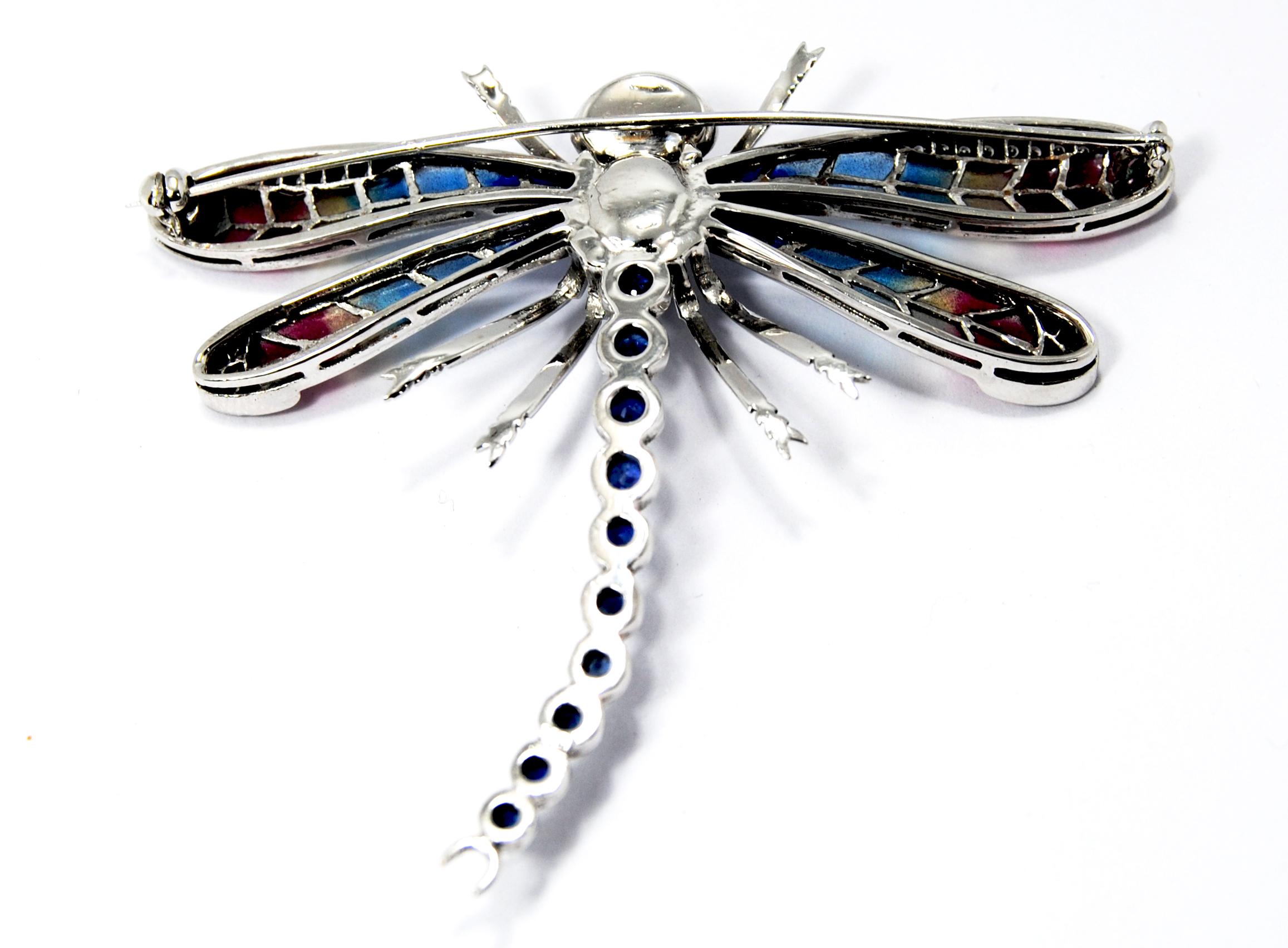 Art Nouveau Dragonfly Brooch in 18 Karat Gold Diamonds, Saphires and Plique-á-Jour Wings