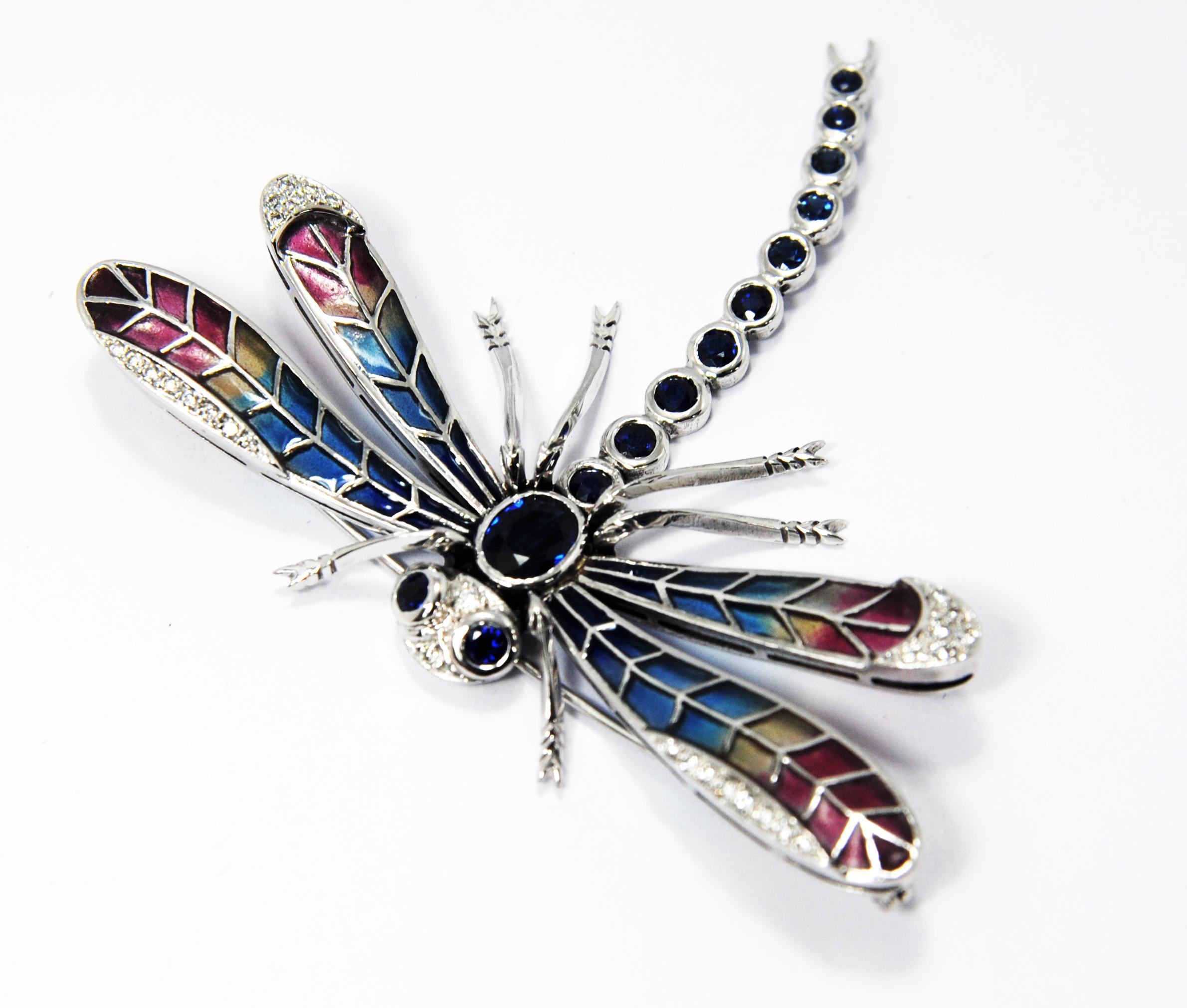 Oval Cut Dragonfly Brooch in 18 Karat Gold Diamonds, Saphires and Plique-á-Jour Wings