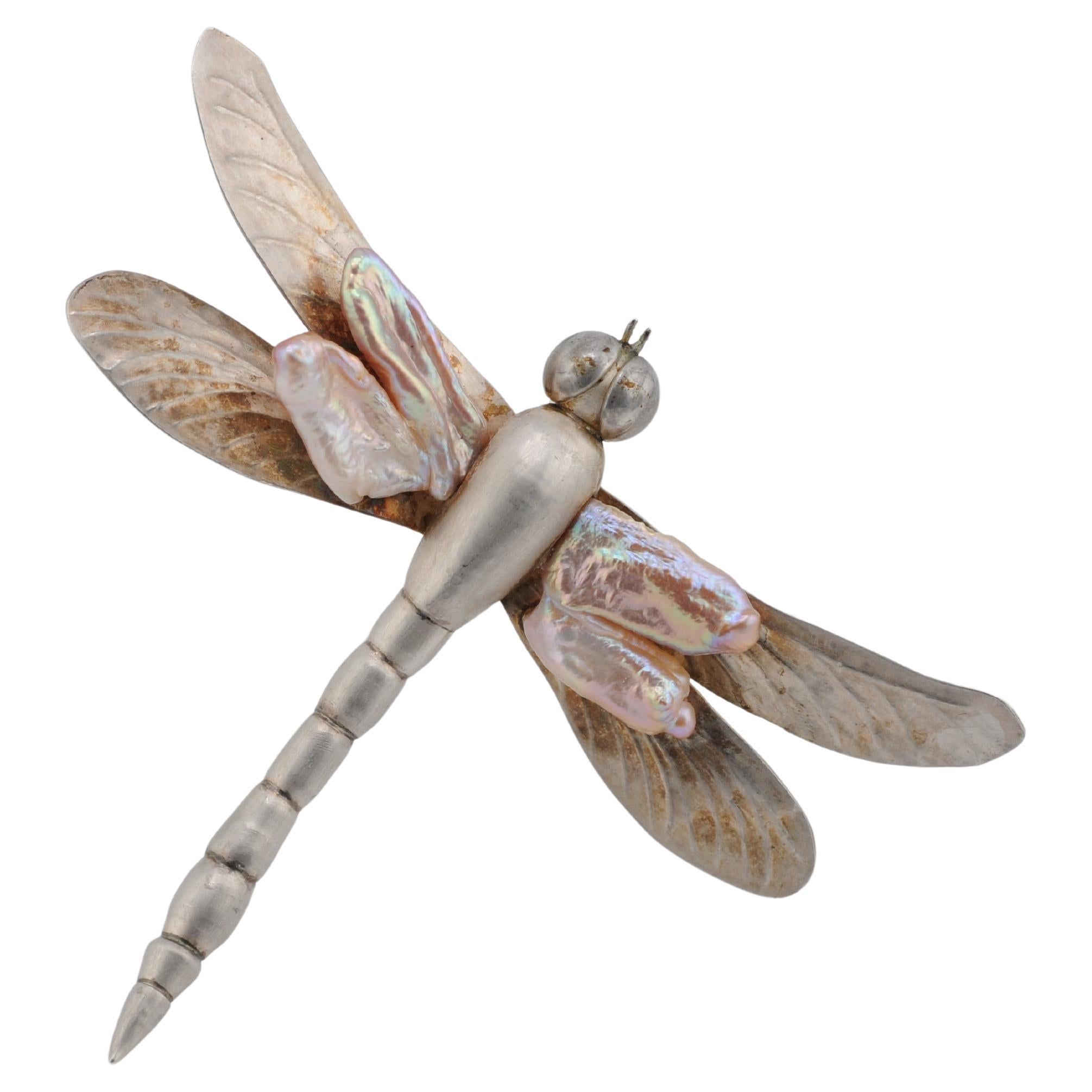 Dragonfly Brooch in 925 Silver with Keshi Freshwater Pearls