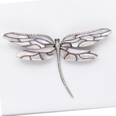 Dragonfly Brooch Mother of Pearl 18k White Gold Pin