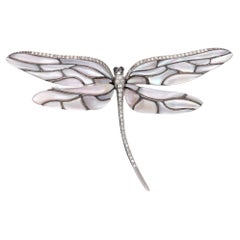 Dragonfly Brooch Mother of Pearl 18k White Gold Pin