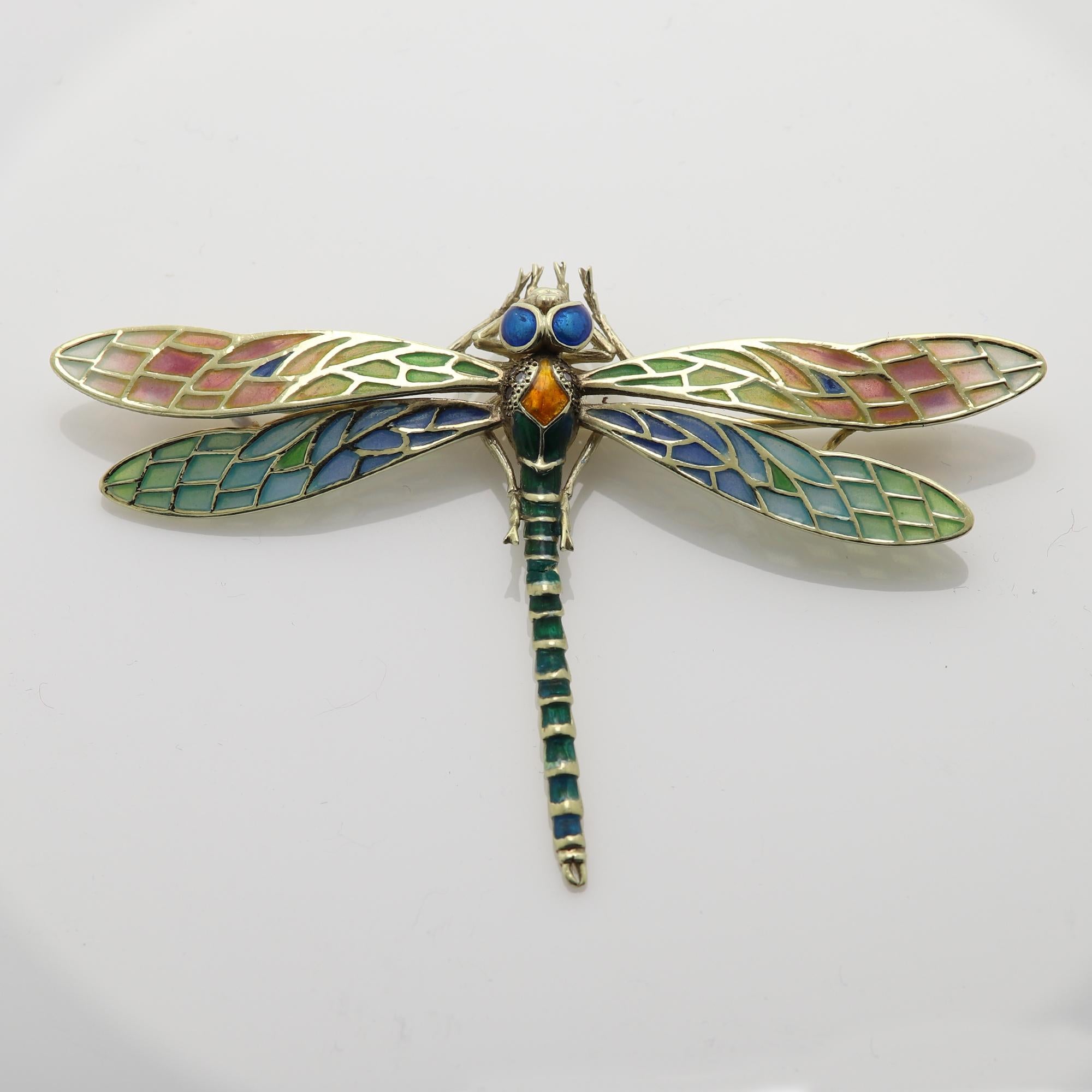 Dragonfly Brooch Pin Enamel 14 Karat Yellow Gold / Necklace Enamel Pin Brooch For Sale 2