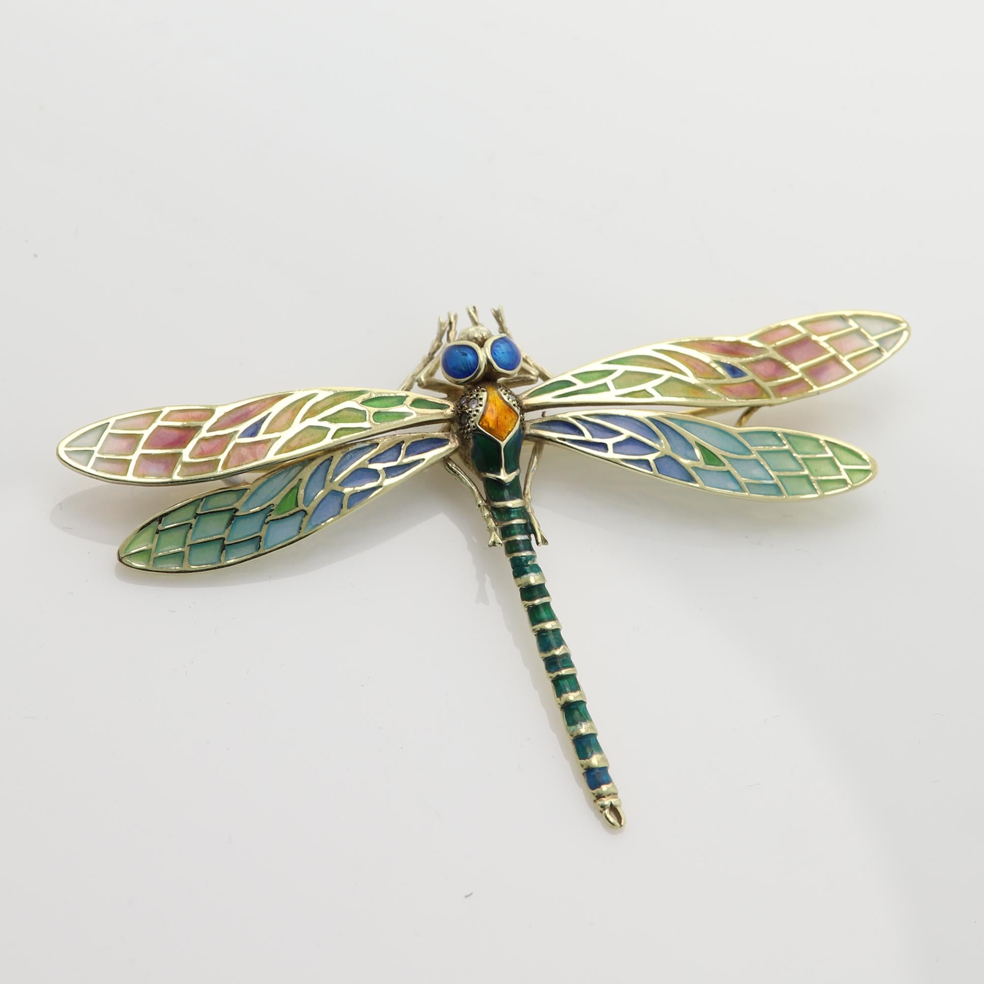 Dragonfly Brooch Pin Enamel 14 Karat Yellow Gold / Necklace Enamel Pin Brooch For Sale 3