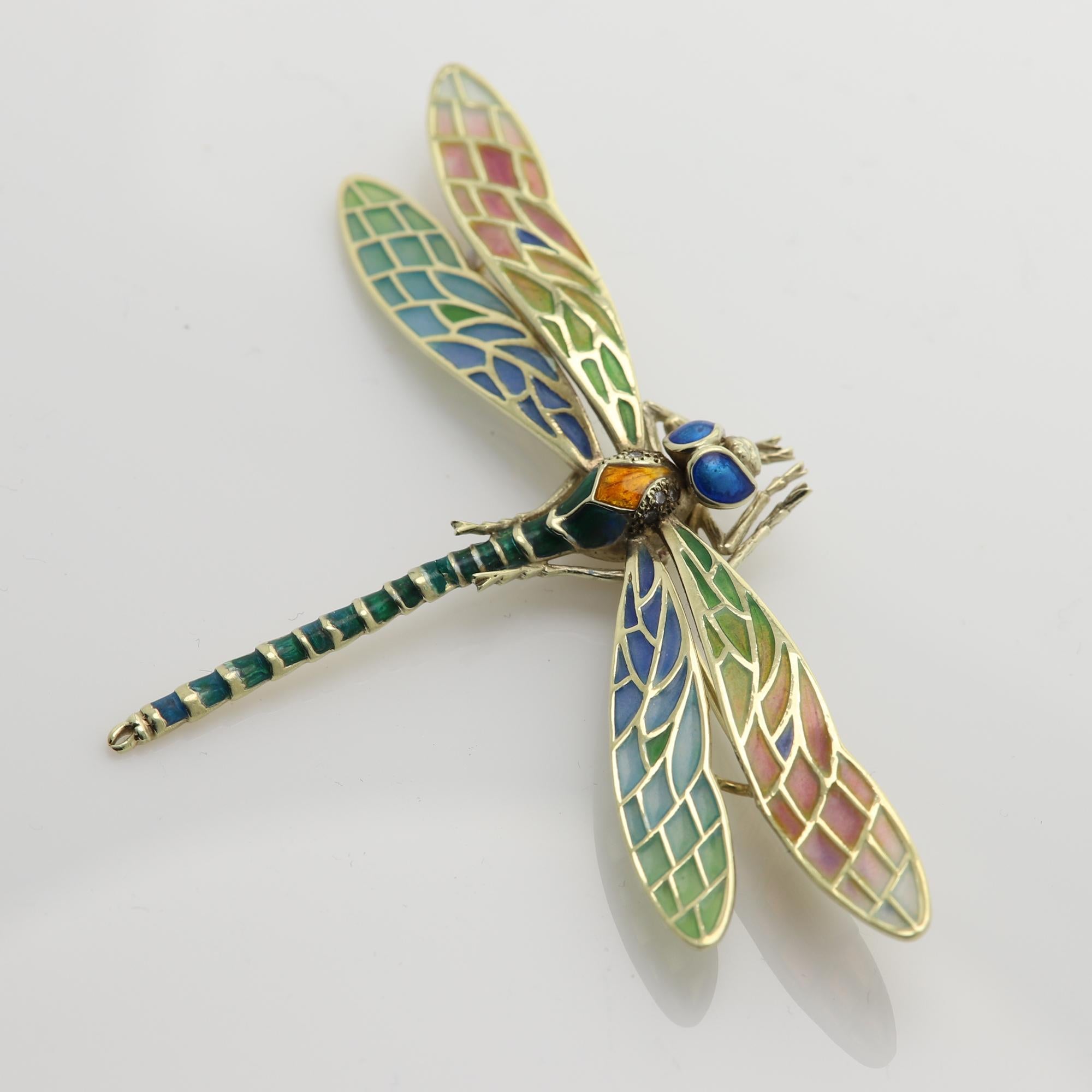 Dragonfly Brooch Pin Enamel 14 Karat Yellow Gold / Necklace Enamel Pin Brooch For Sale 4