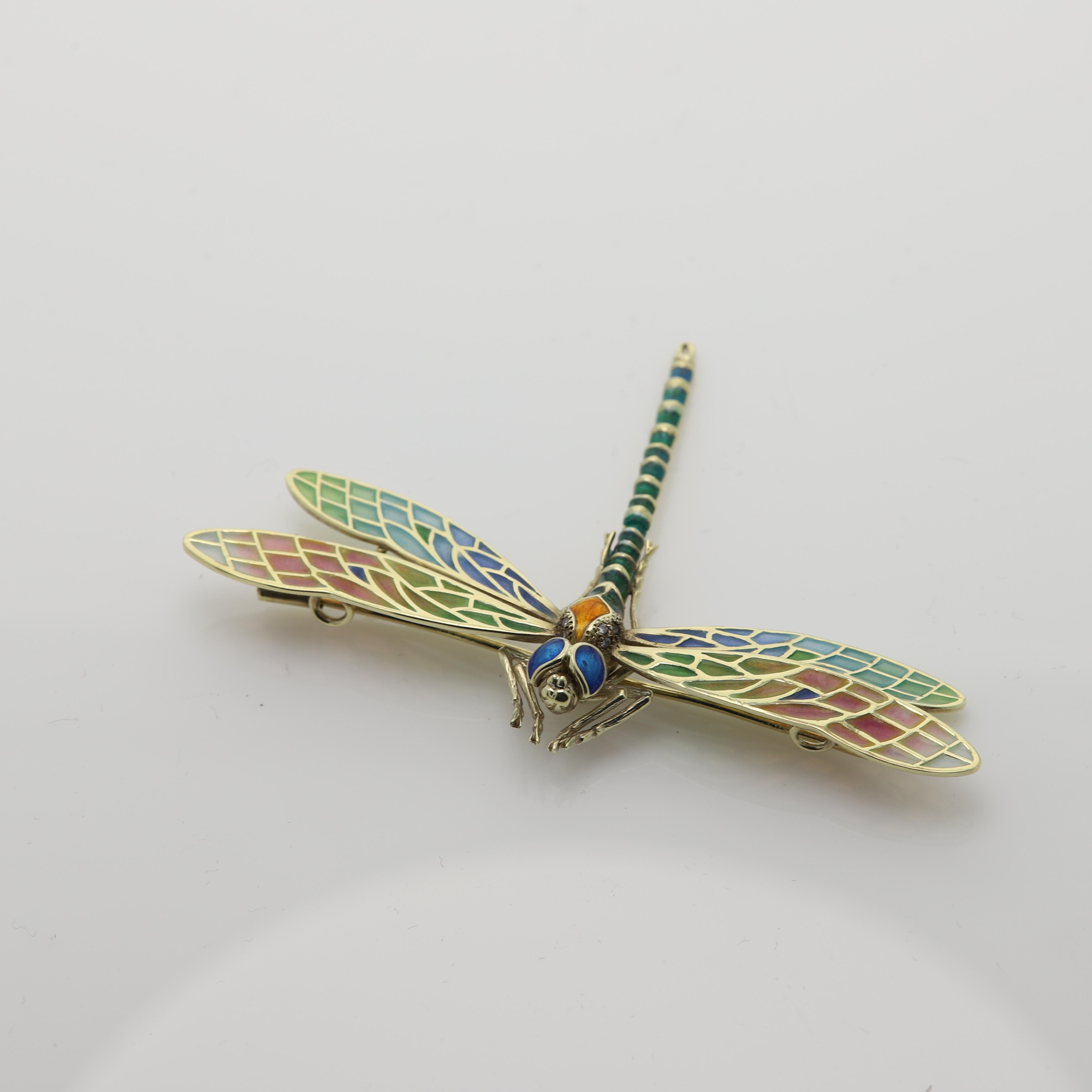 Art Nouveau Dragonfly Brooch Pin Enamel 14 Karat Yellow Gold / Necklace Enamel Pin Brooch For Sale