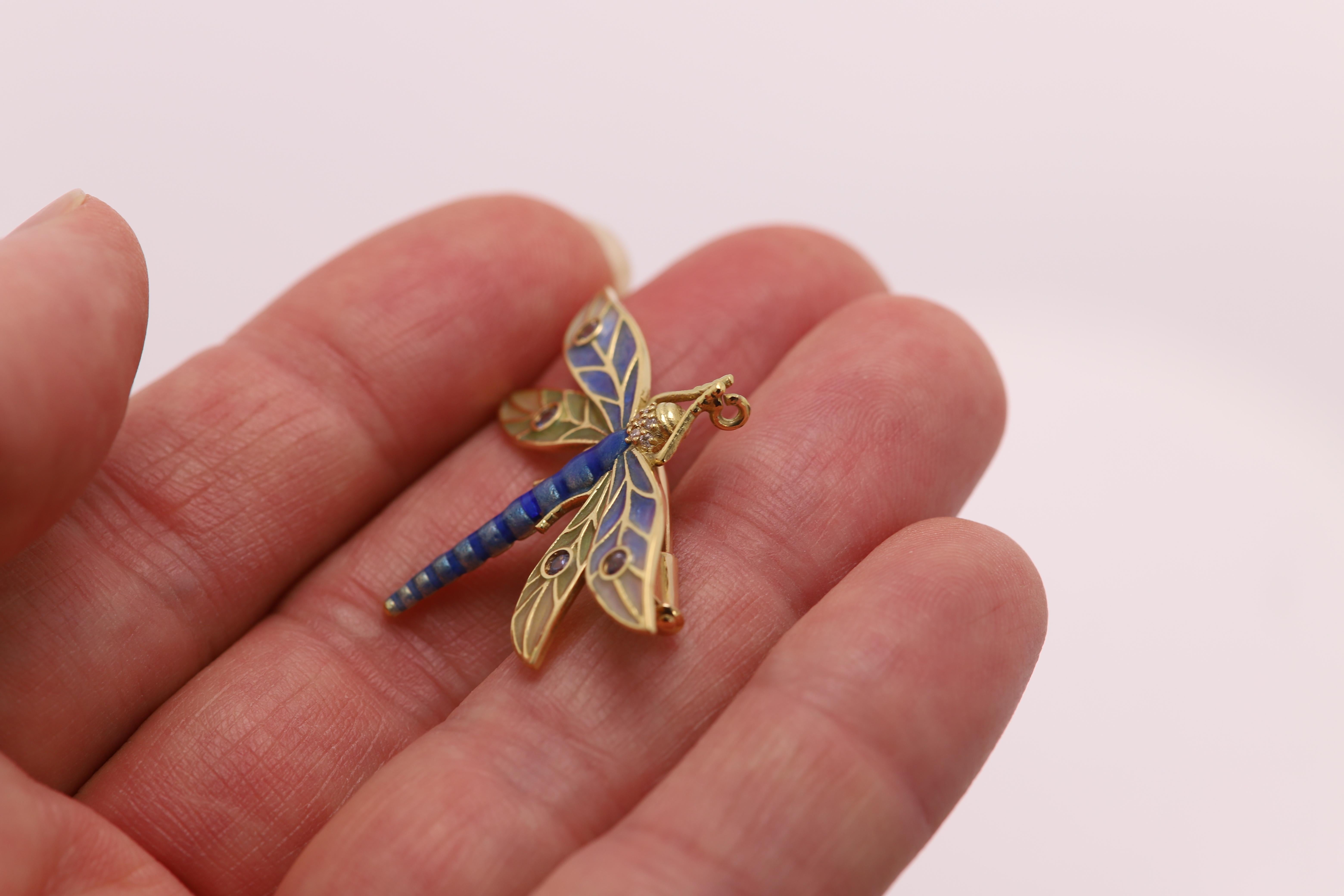 Art Nouveau Dragonfly Brooch Pin Enamel 14 Karat Yellow Gold / Necklace Enamel Pin Brooch