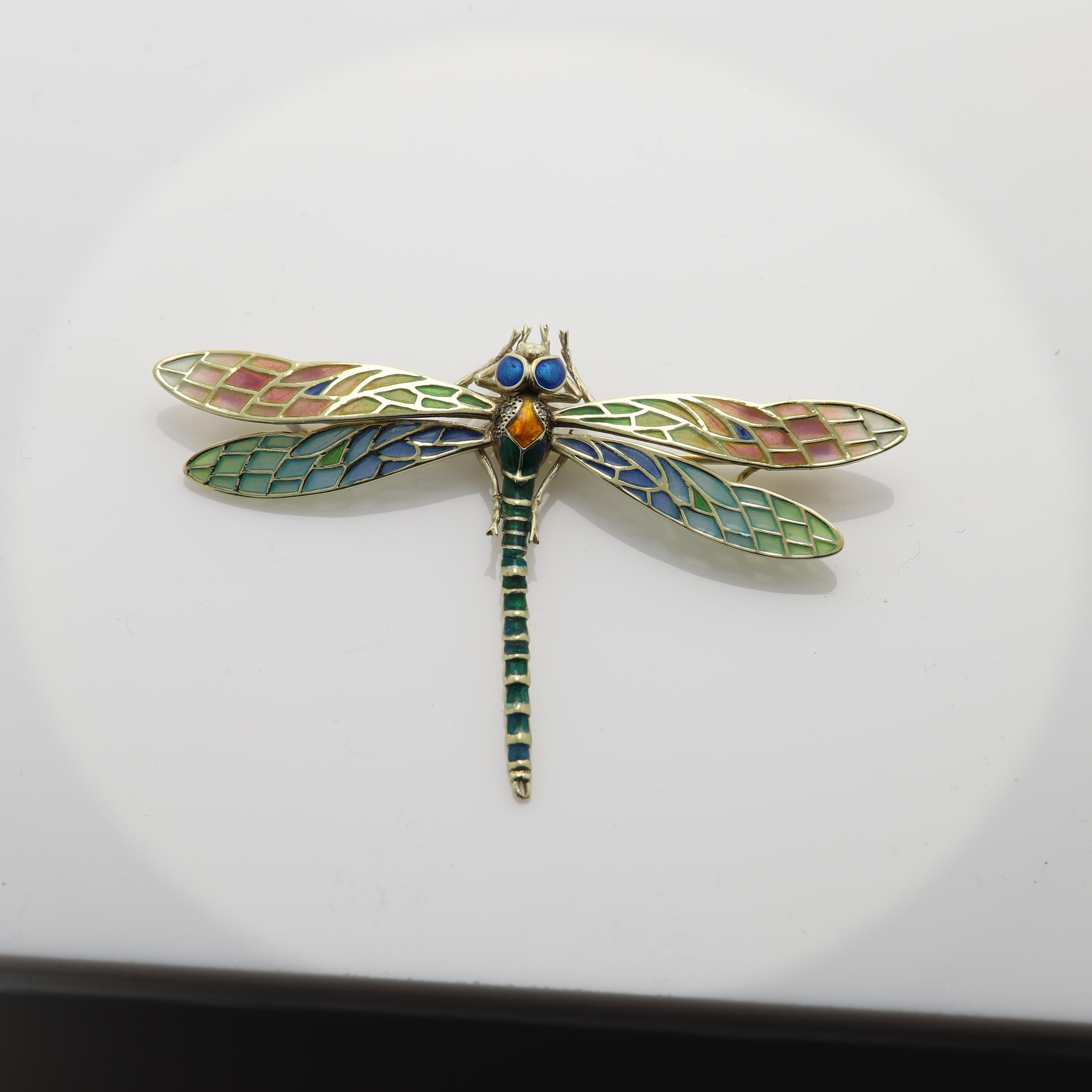 Dragonfly Brooch Pin Enamel 14 Karat Yellow Gold / Necklace Enamel Pin Brooch In New Condition For Sale In Brooklyn, NY