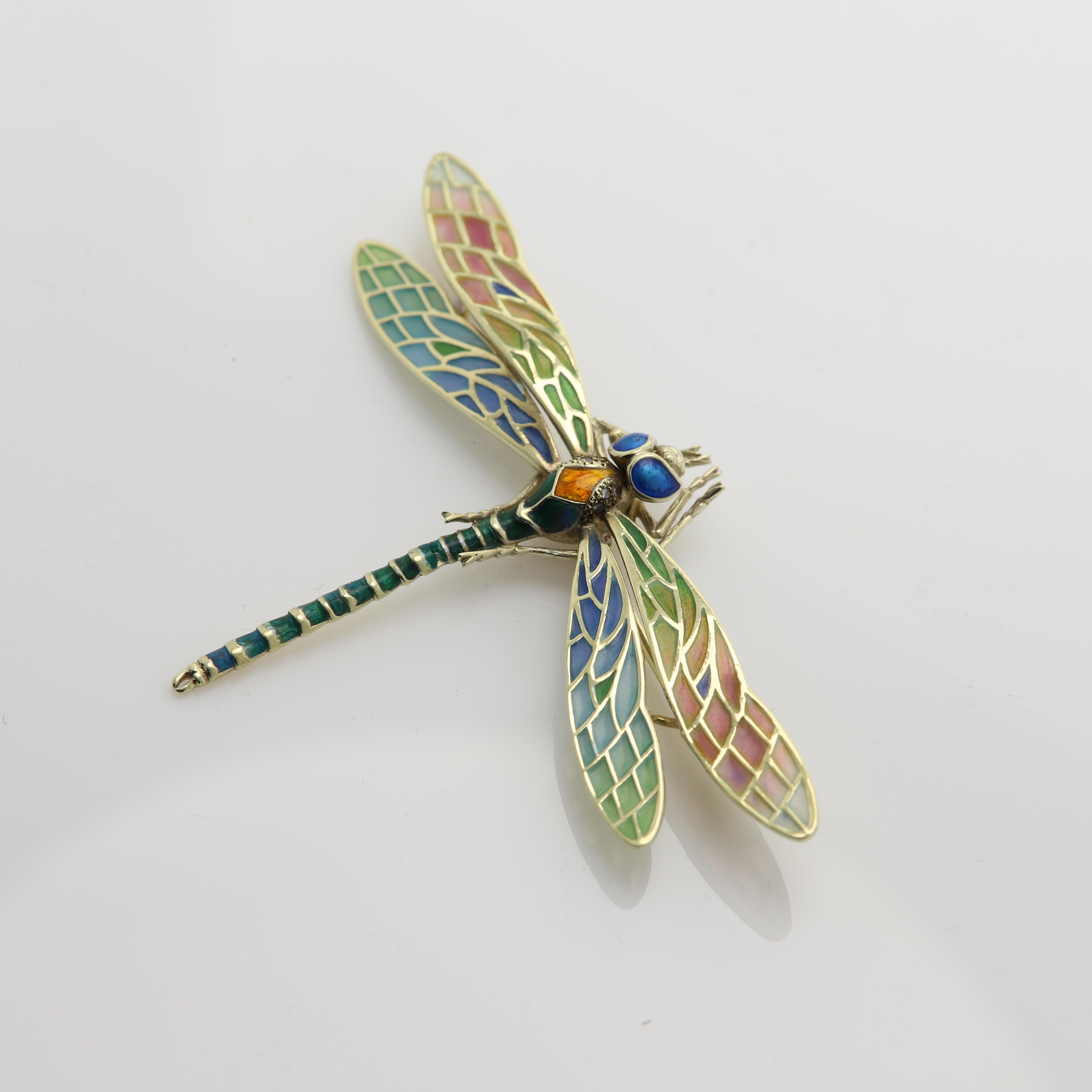 Women's Dragonfly Brooch Pin Enamel 14 Karat Yellow Gold / Necklace Enamel Pin Brooch For Sale