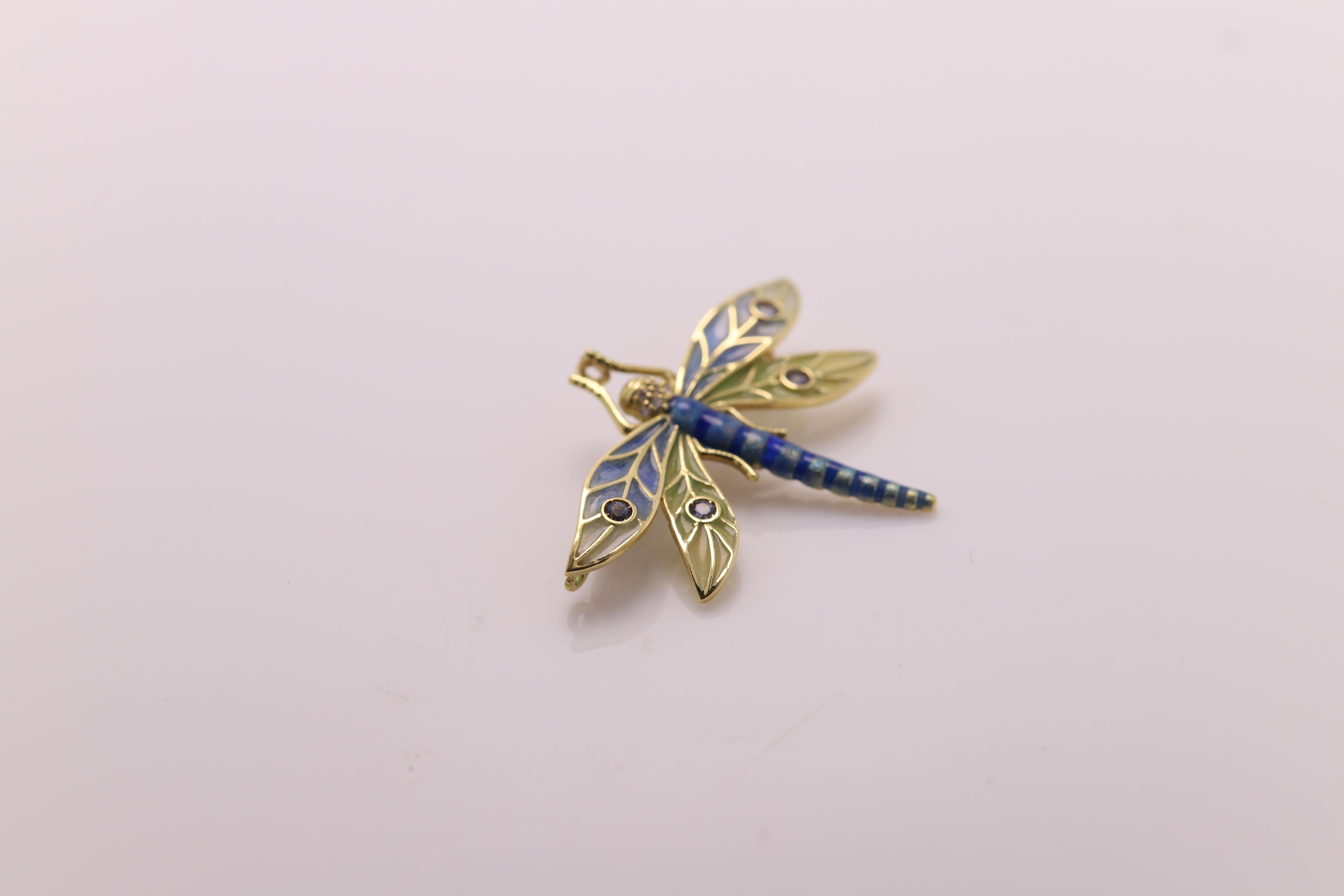 Dragonfly Brooch Pin Enamel 14 Karat Yellow Gold / Necklace Enamel Pin Brooch In New Condition In Brooklyn, NY