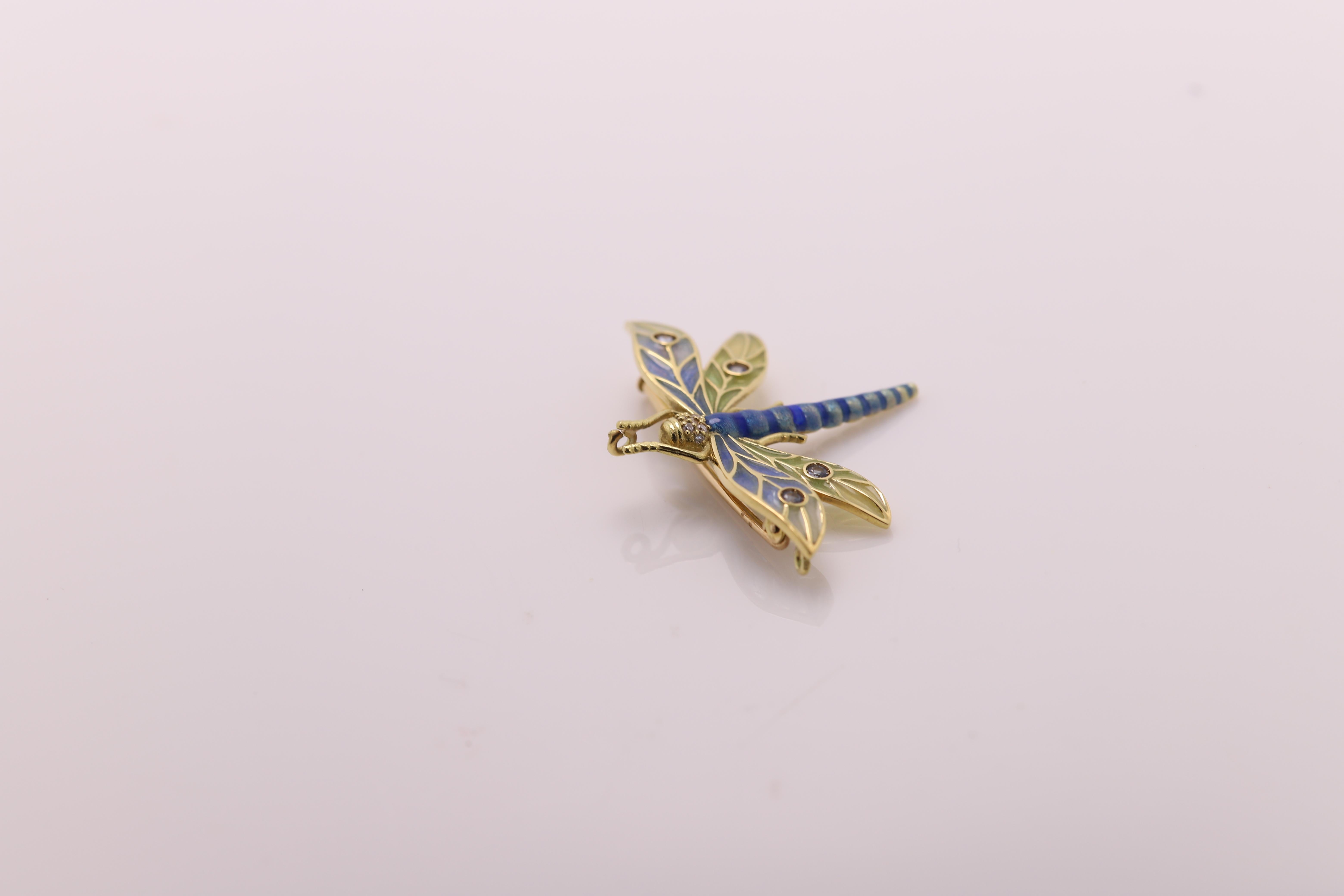 Women's Dragonfly Brooch Pin Enamel 14 Karat Yellow Gold / Necklace Enamel Pin Brooch