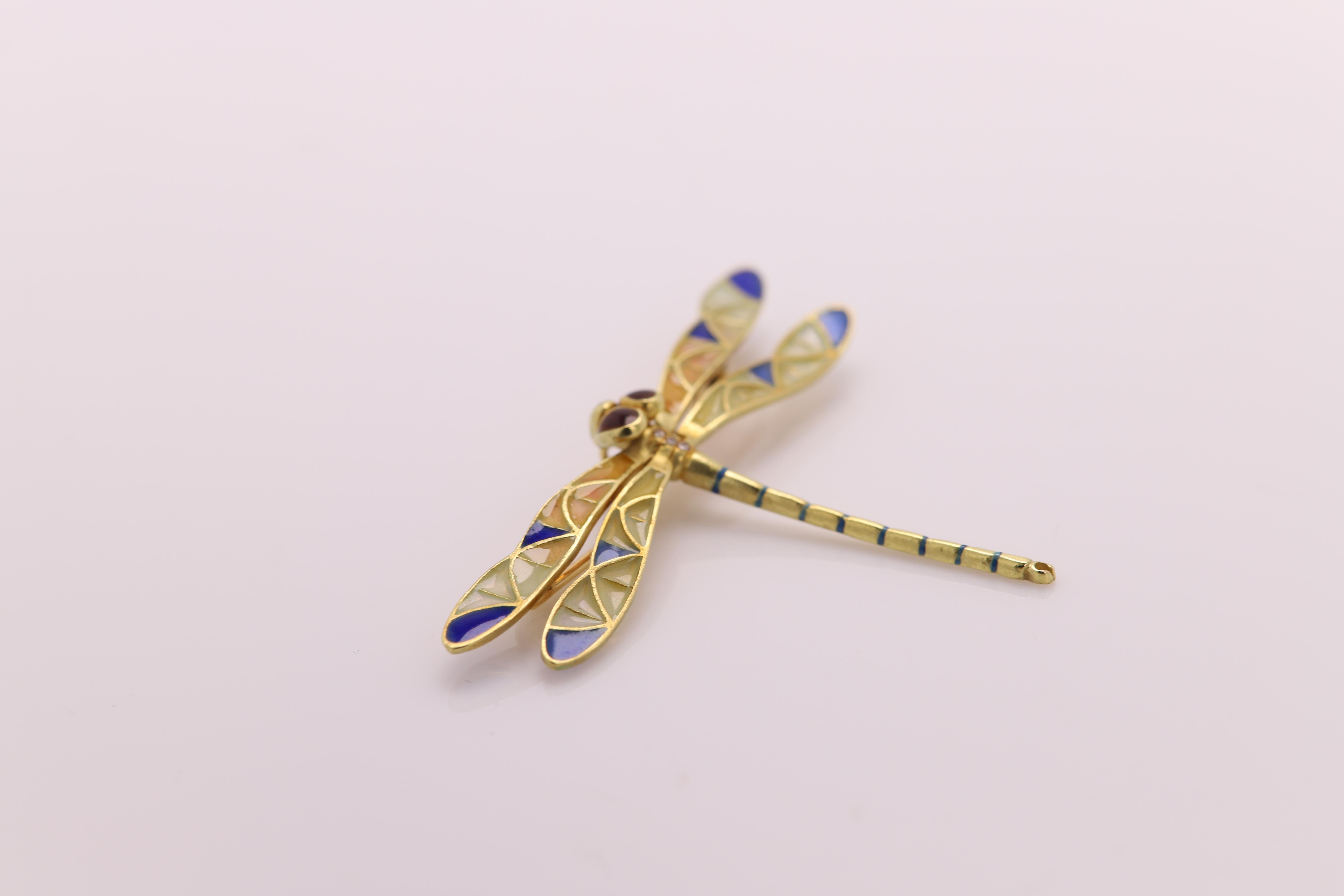 Anstecknadel mit Libellenbrosche und Emaille 18 Karat Gold 'Anhänger' (Art nouveau) im Angebot