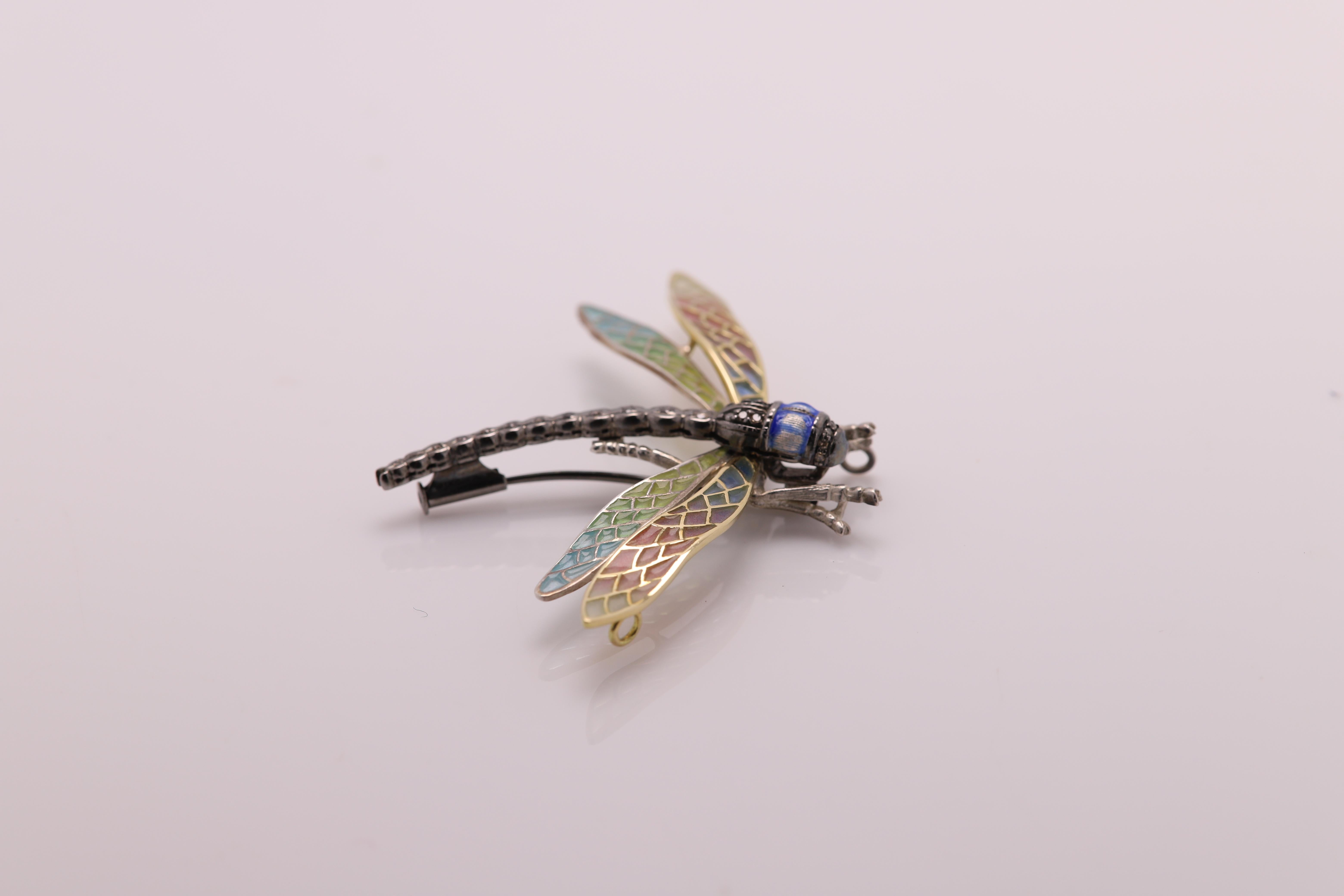 Art Nouveau Dragonfly Brooch Pin Enamel Sterling Silver and 18 Karat Gold and Necklace  For Sale