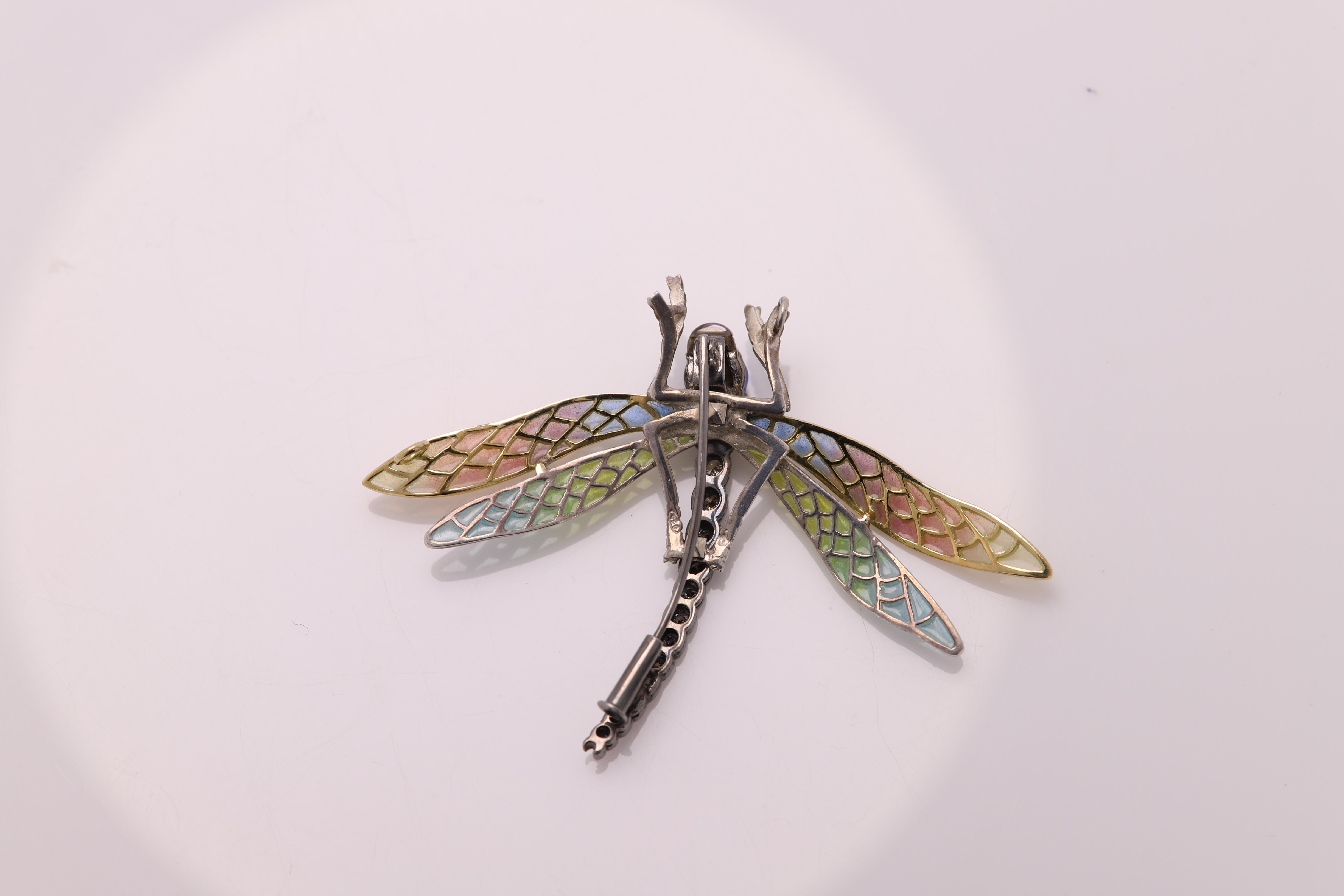 Dragonfly Brooch Pin Enamel Sterling Silver and 18 Karat Gold and Necklace  In Excellent Condition For Sale In Brooklyn, NY