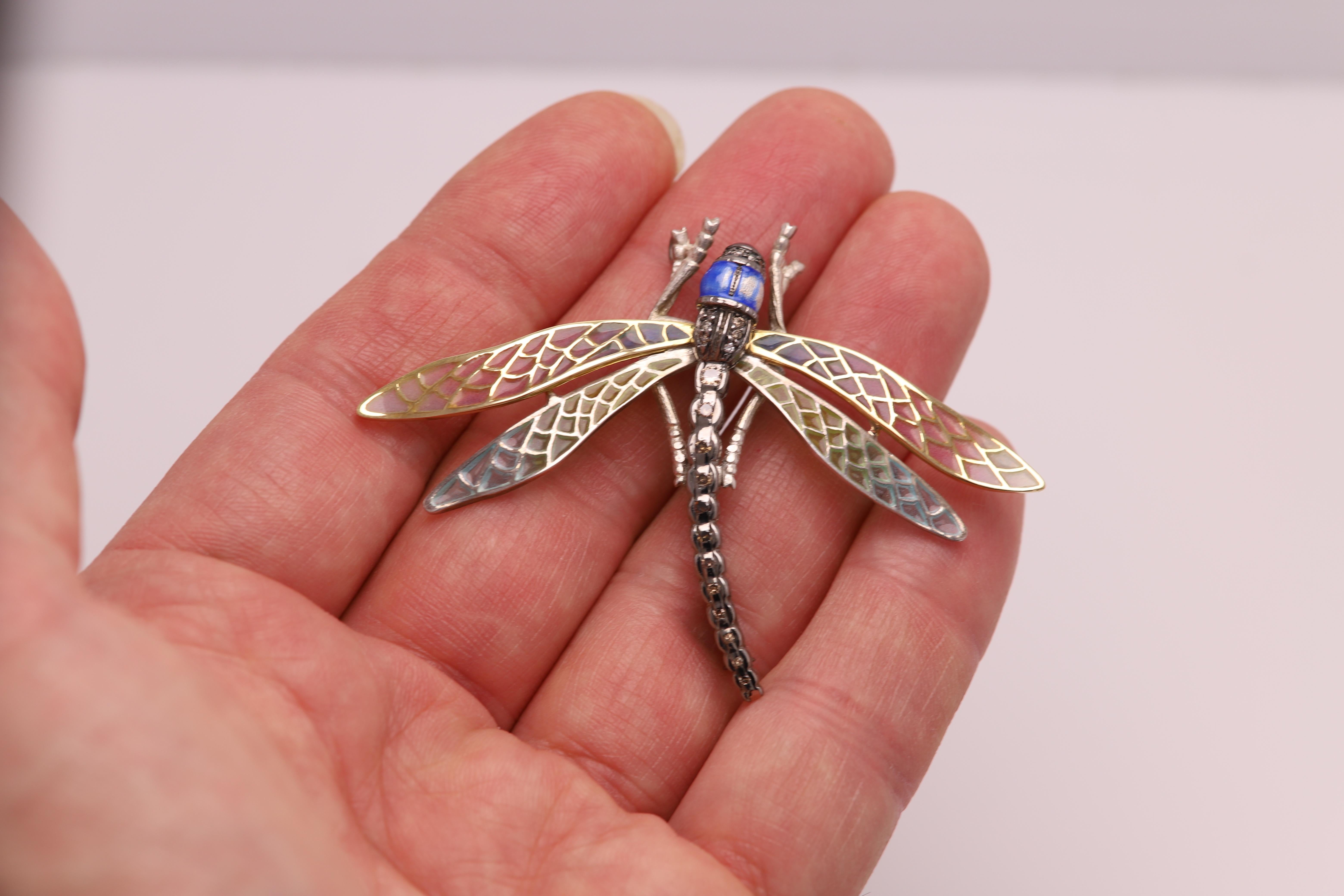 Women's Dragonfly Brooch Pin Enamel Sterling Silver and 18 Karat Gold and Necklace  For Sale
