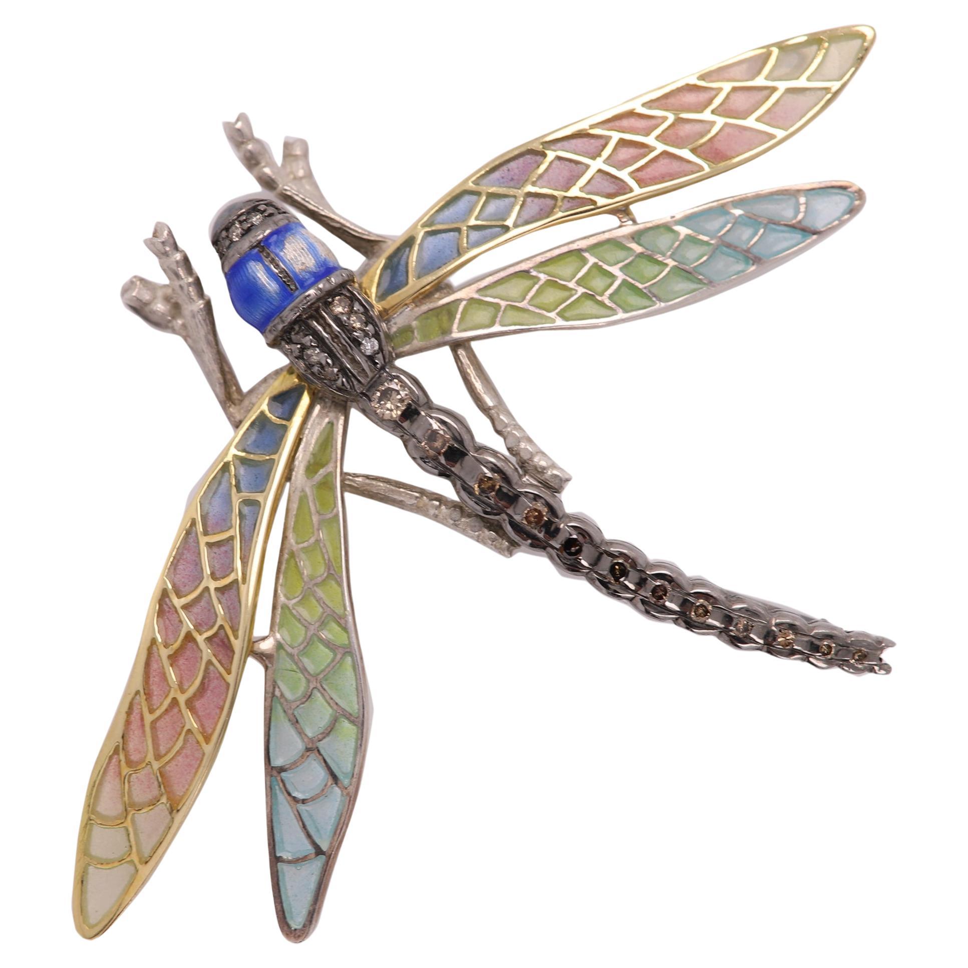 Dragonfly Brooch Pin Enamel Sterling Silver and 18 Karat Gold and Necklace 