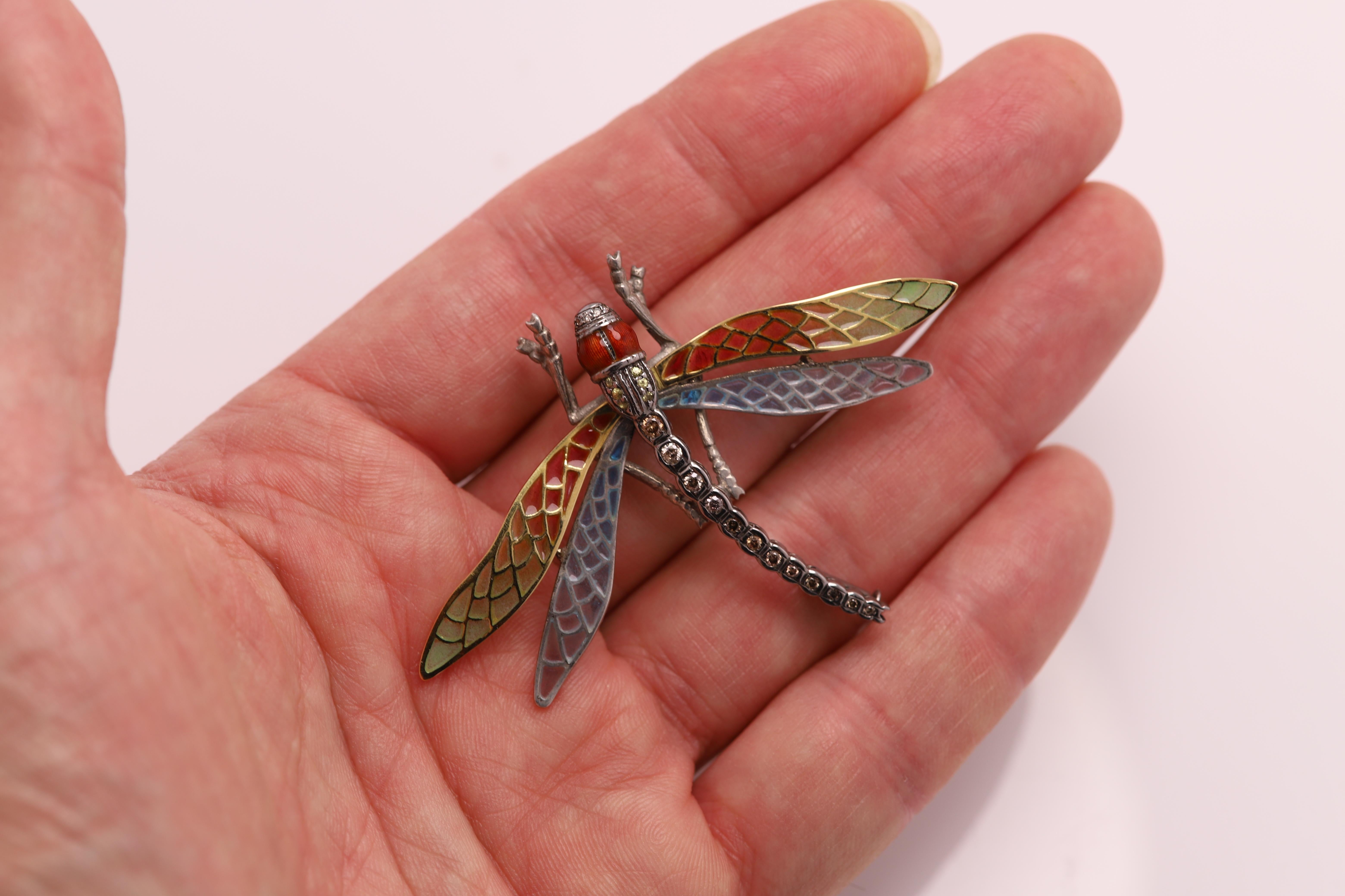 Art Nouveau Dragonfly Noueau 1910 Brooch Pin Enamel Sterling Silver and 18 Karat Gold For Sale