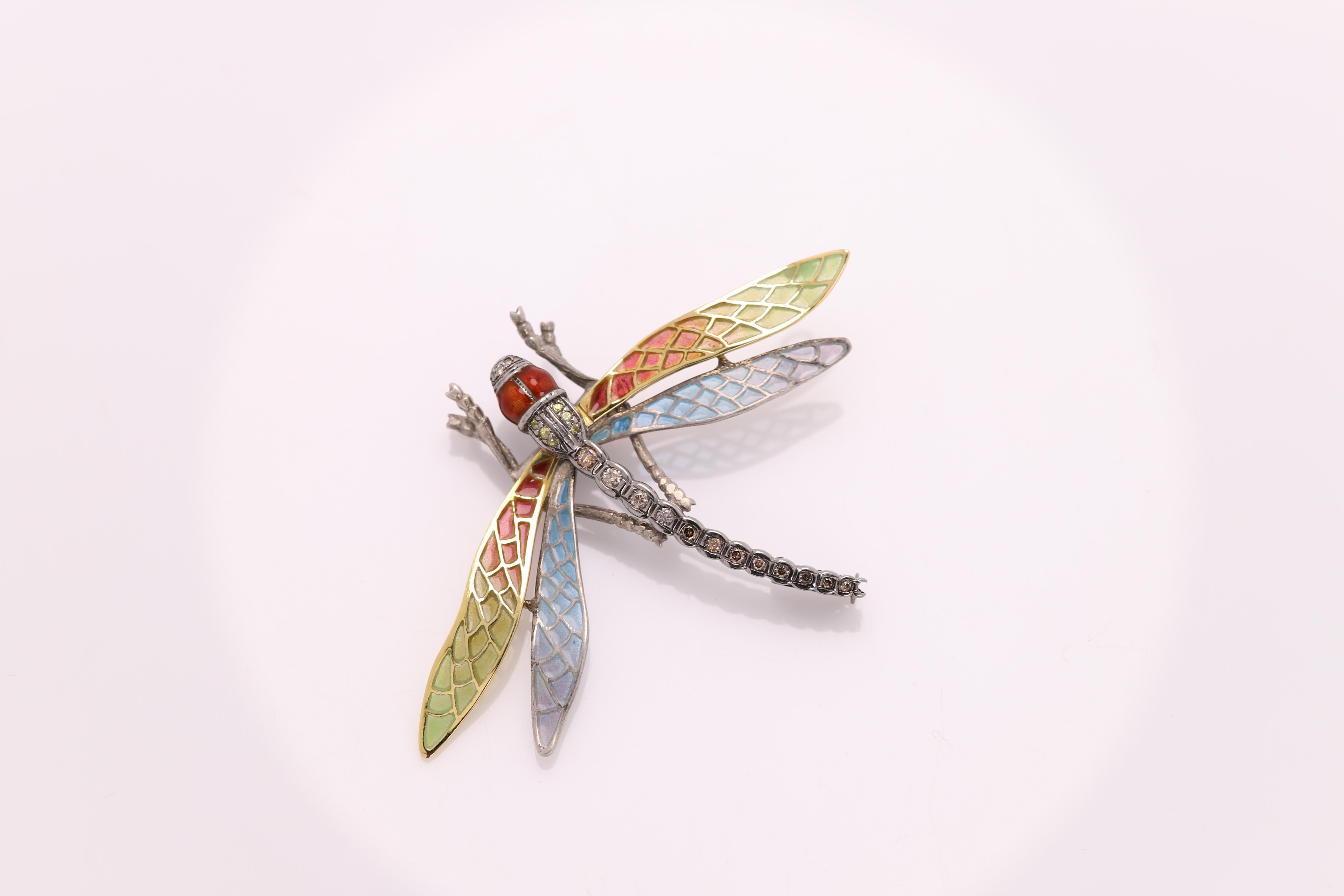 Dragonfly Noueau 1910 Brooch Pin Enamel Sterling Silver and 18 Karat Gold In Excellent Condition For Sale In Brooklyn, NY