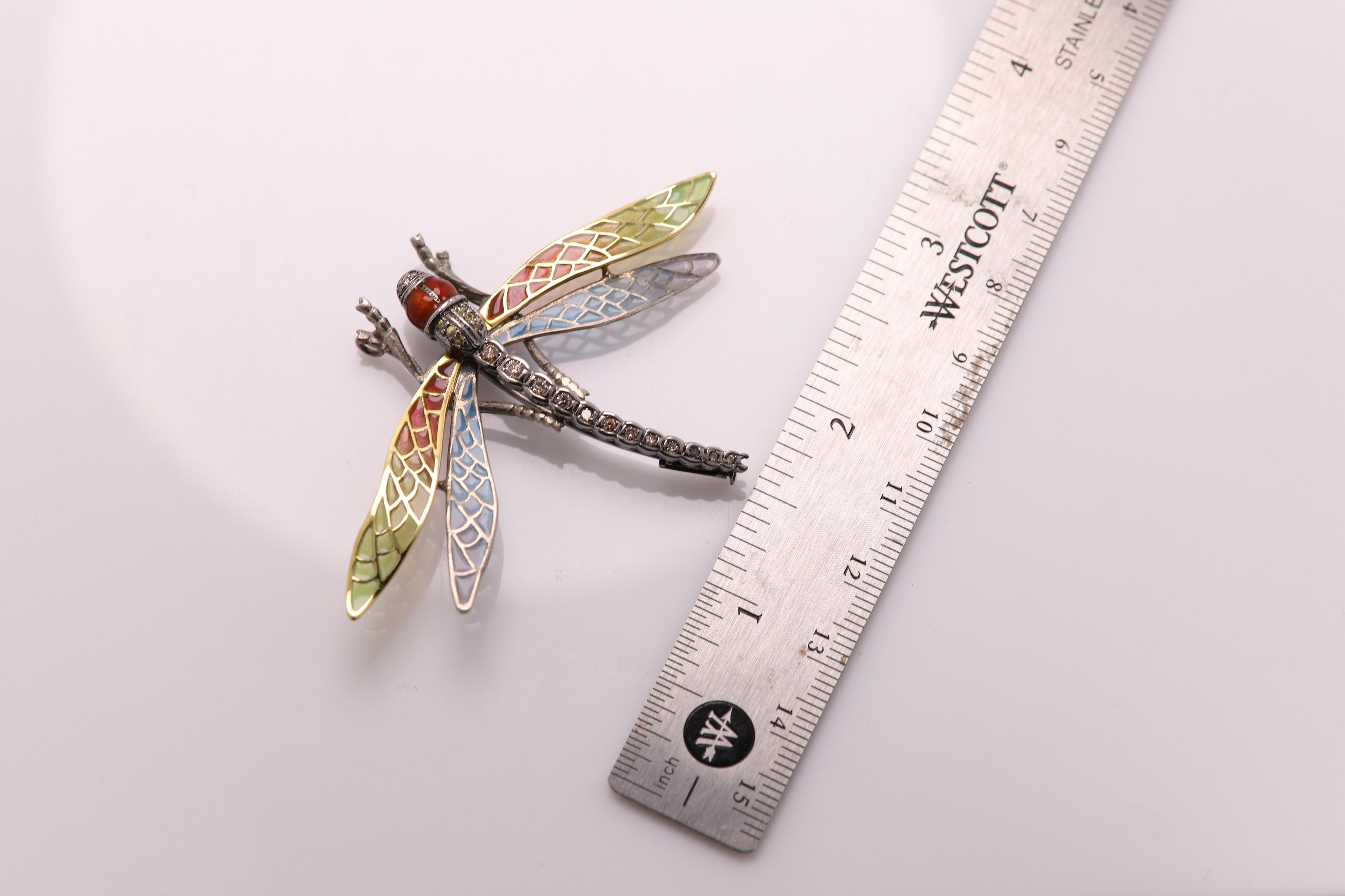 Women's Dragonfly Noueau 1910 Brooch Pin Enamel Sterling Silver and 18 Karat Gold For Sale
